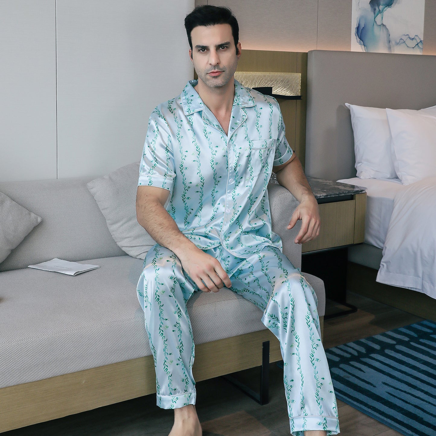 Men's Satin Pajama Set 3 Pieces Classic Sleepwear-KJ6012-M