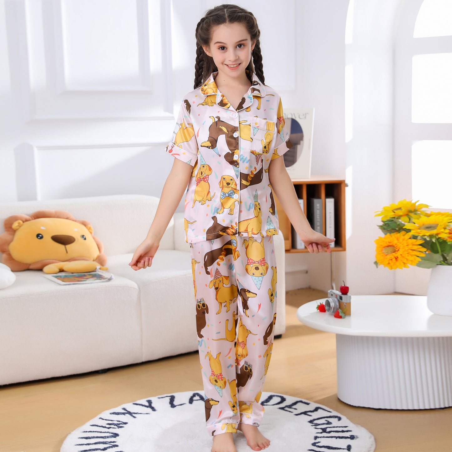 Girl's  Satin Pajama Set Short Top Classic Sleepwear with long pants-KJ509T-130