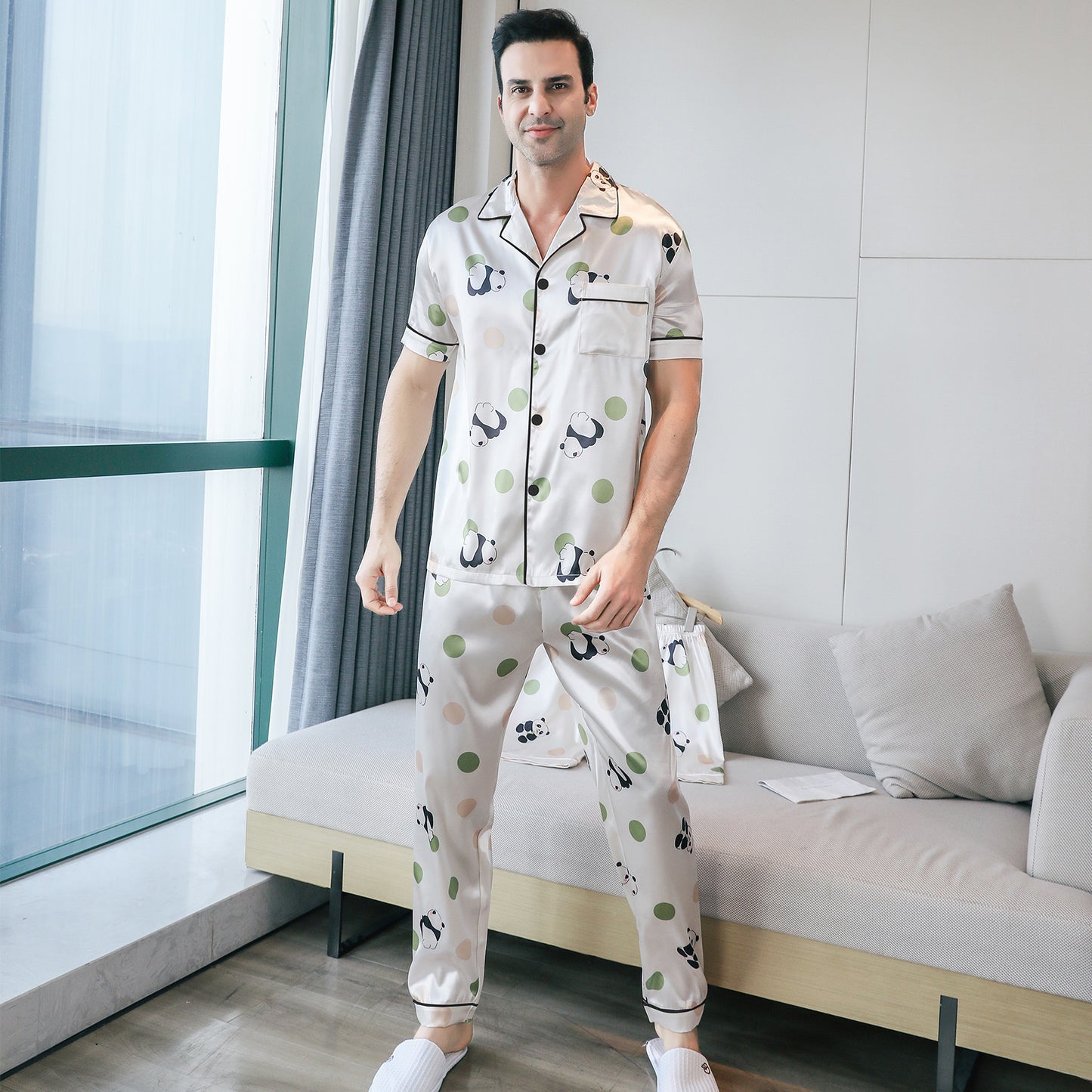 Men's Silky Satin Pajama Set Short Top Classic Sleepwear with Long Pants-KJ5011-M