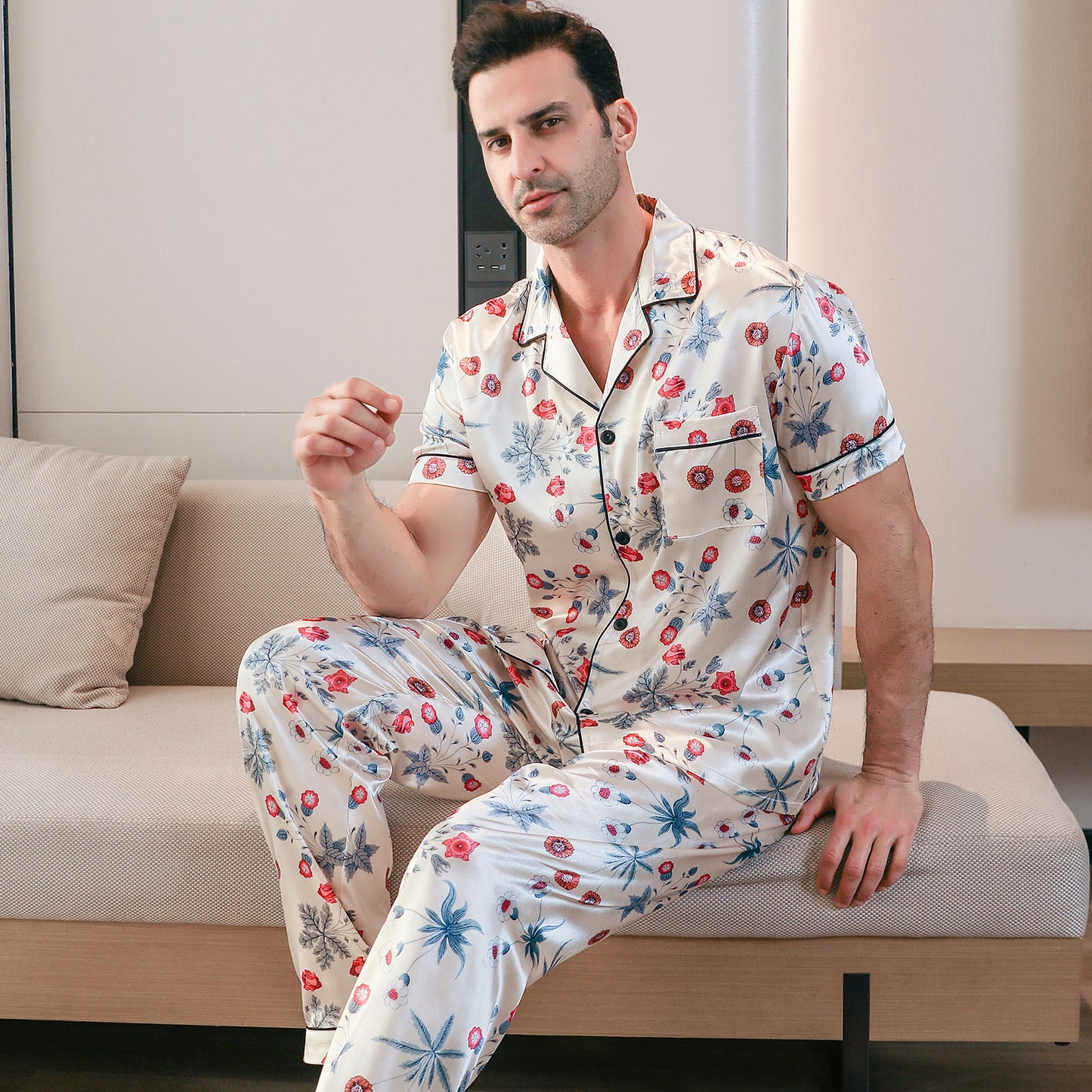 Men's Classic Silk Pajama Set Short Top & Long Pants Button Loungewear-KJ5051-M