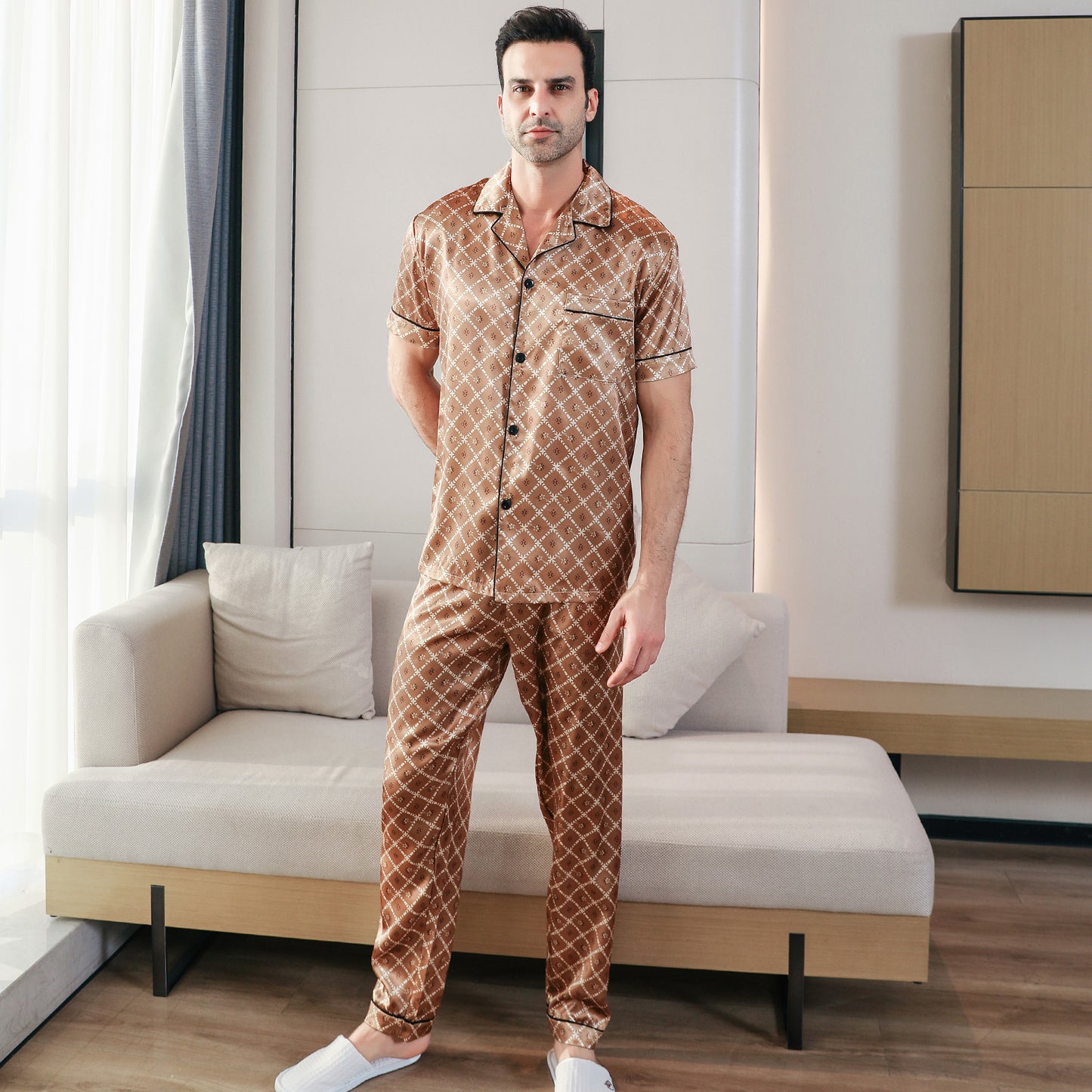 Men's Classic Silk Pajama Set Short Top & Long Pants Button Loungewear-KJ5046-M