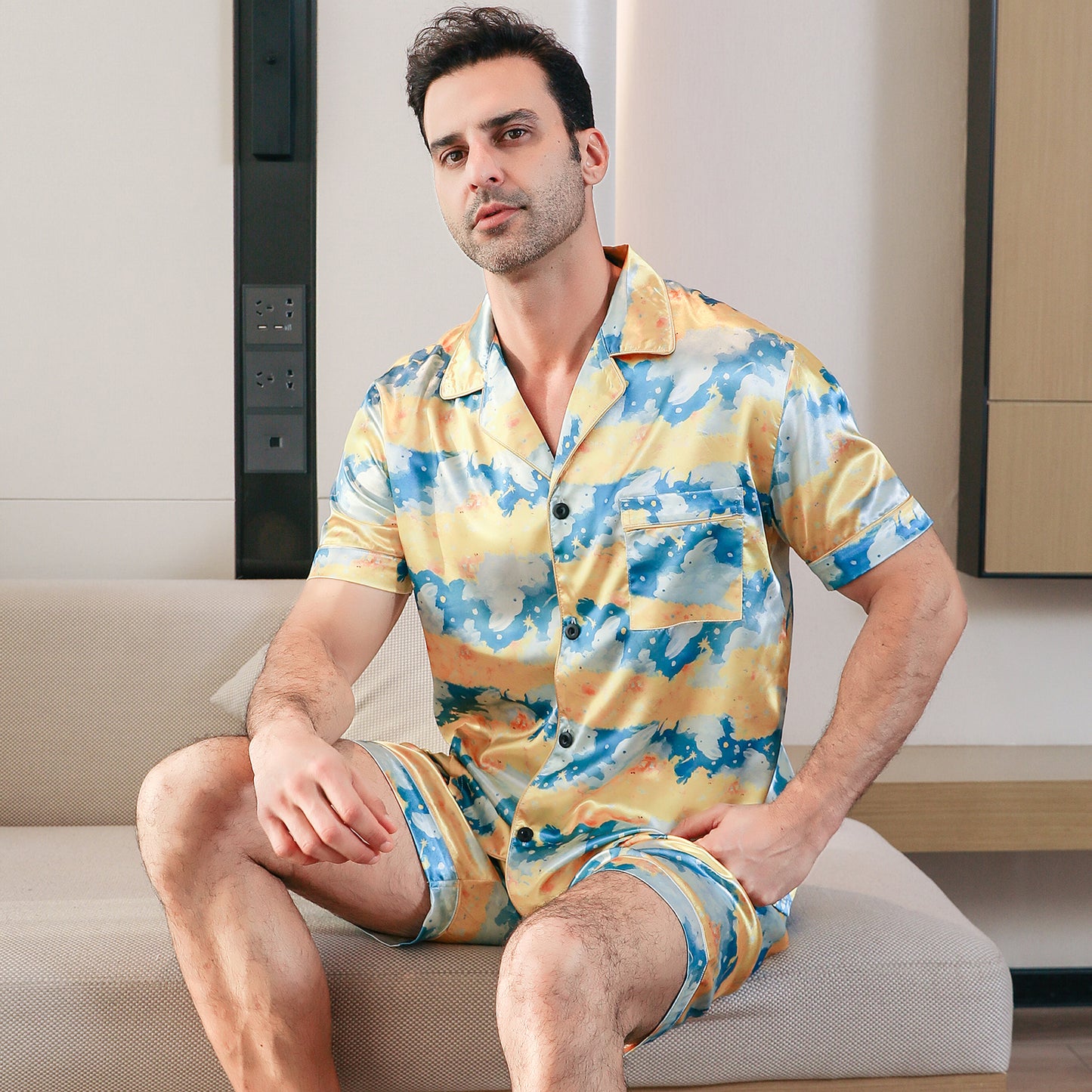 Men's Silk Pajama Set 3 Pieces Loungewear-KJ6047-M