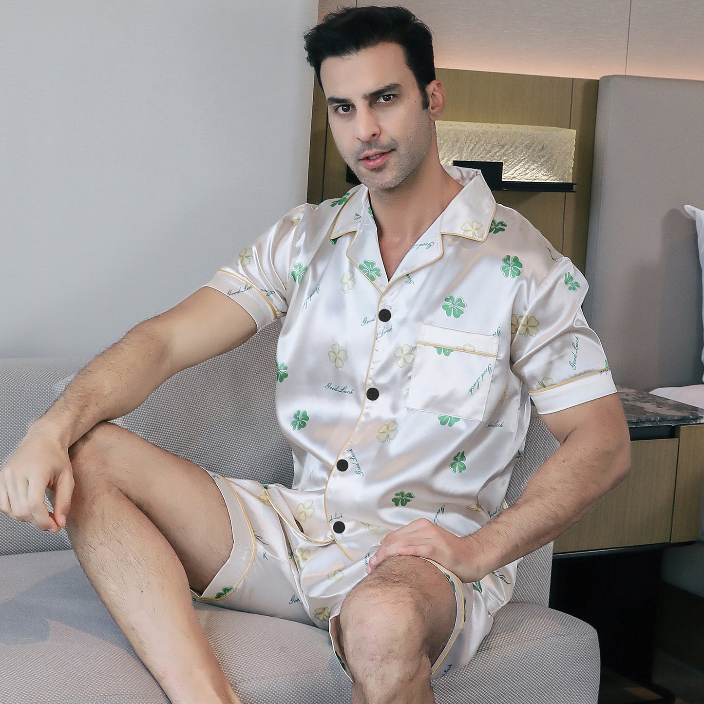 Mens Silky Pajamas Set Short Top & short pants Nightwear-KJ4006-M