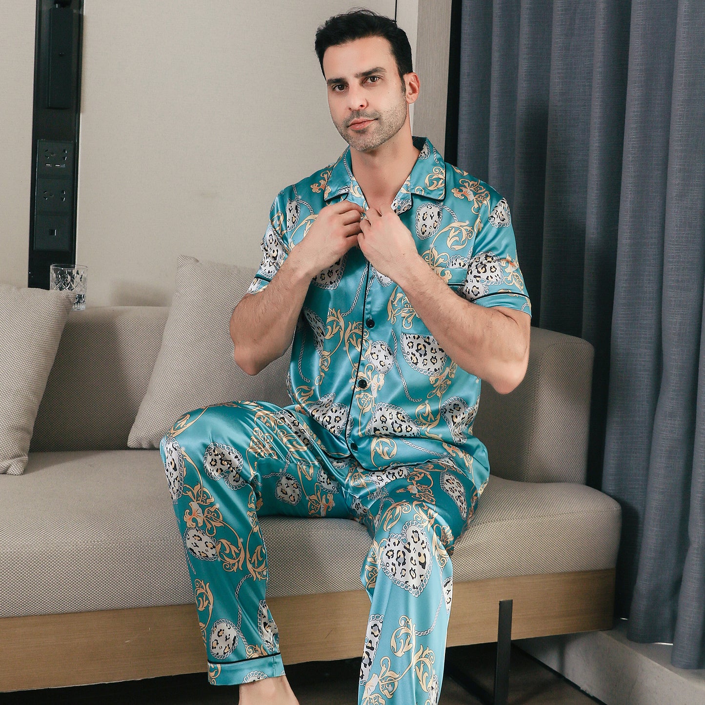 Men Satin Pajamas Set Short Sleeve & Long Pants Sleepwear with Pockets-KJ5044-M