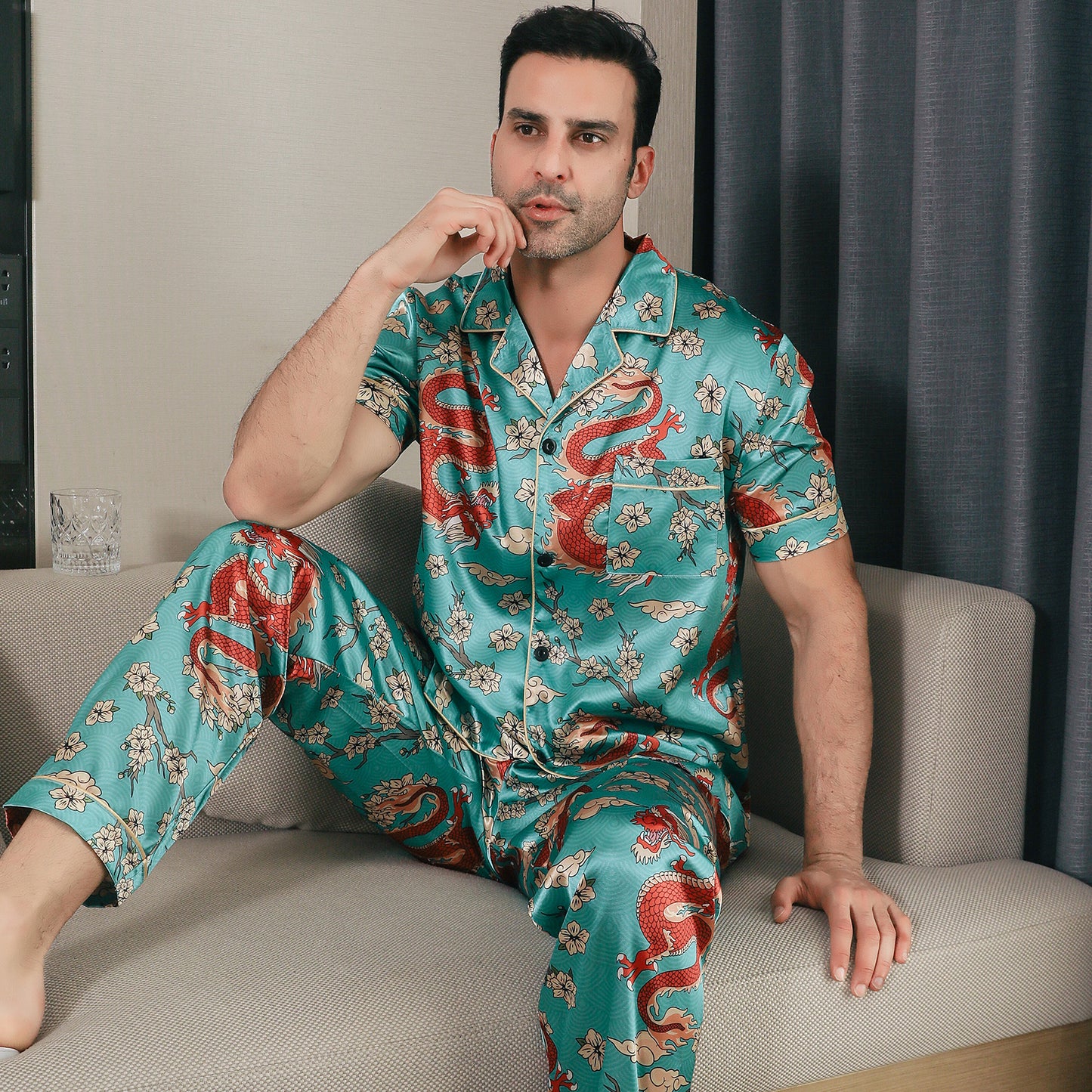 Men Satin Pajamas Set 3 Pieces multicolor Sleepwear with Pockets-KJ6037-M