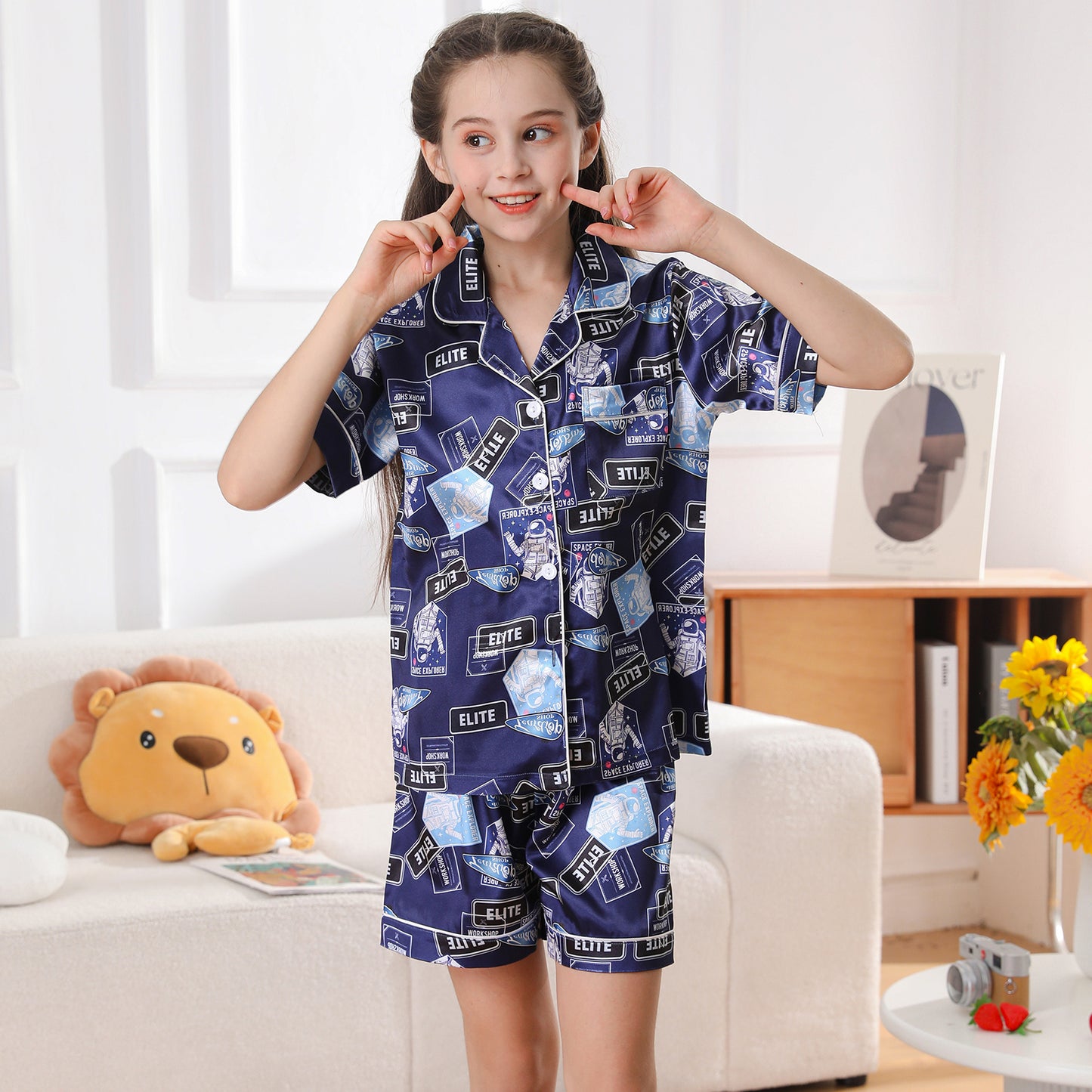 Girl's  Satin Pajama Set Short Top Classic Sleepwear with Short pants-KJ424T-130