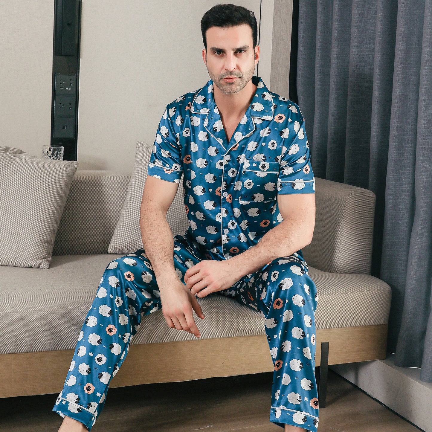 Men Satin Pajamas Set 3 Pieces multicolor Sleepwear with Pockets-KJ6043-M