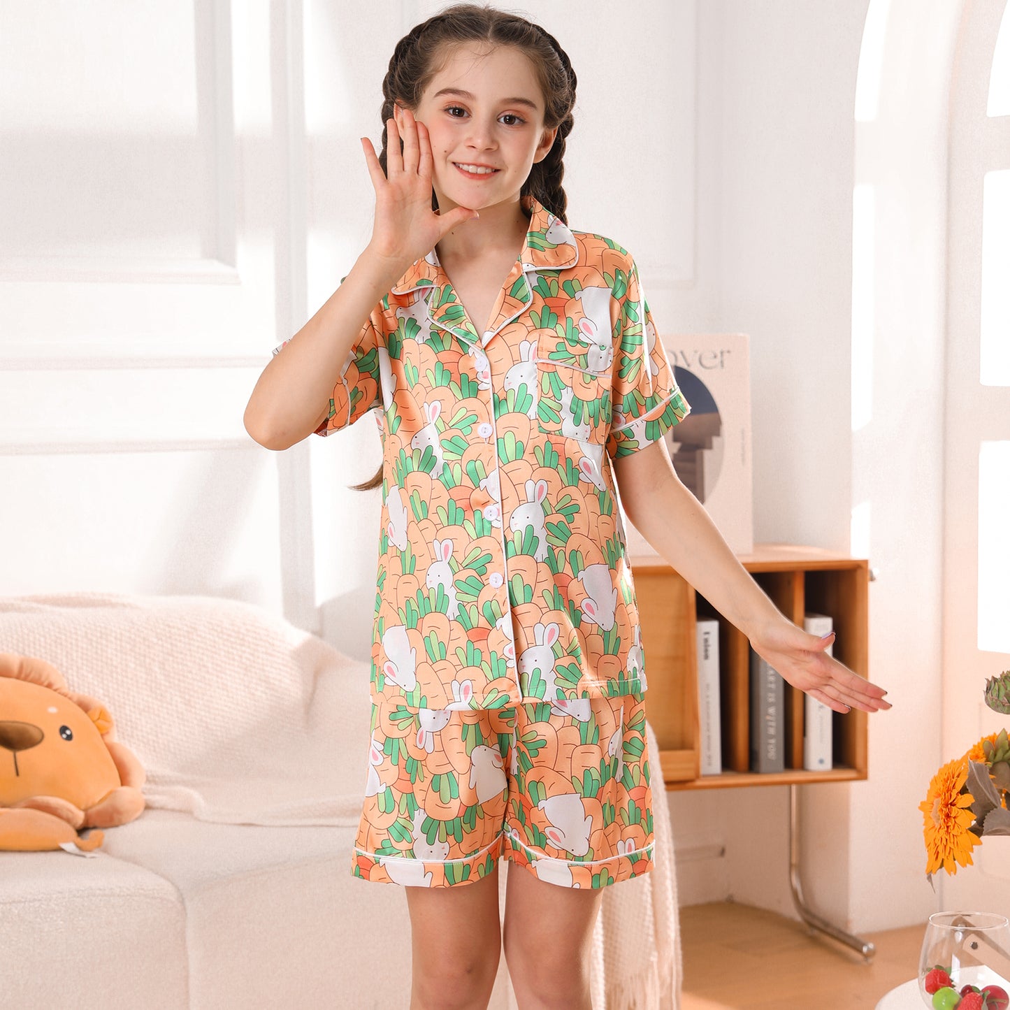 girls Silky Pajamas Set Short Top & Short pants -KJ448T-130