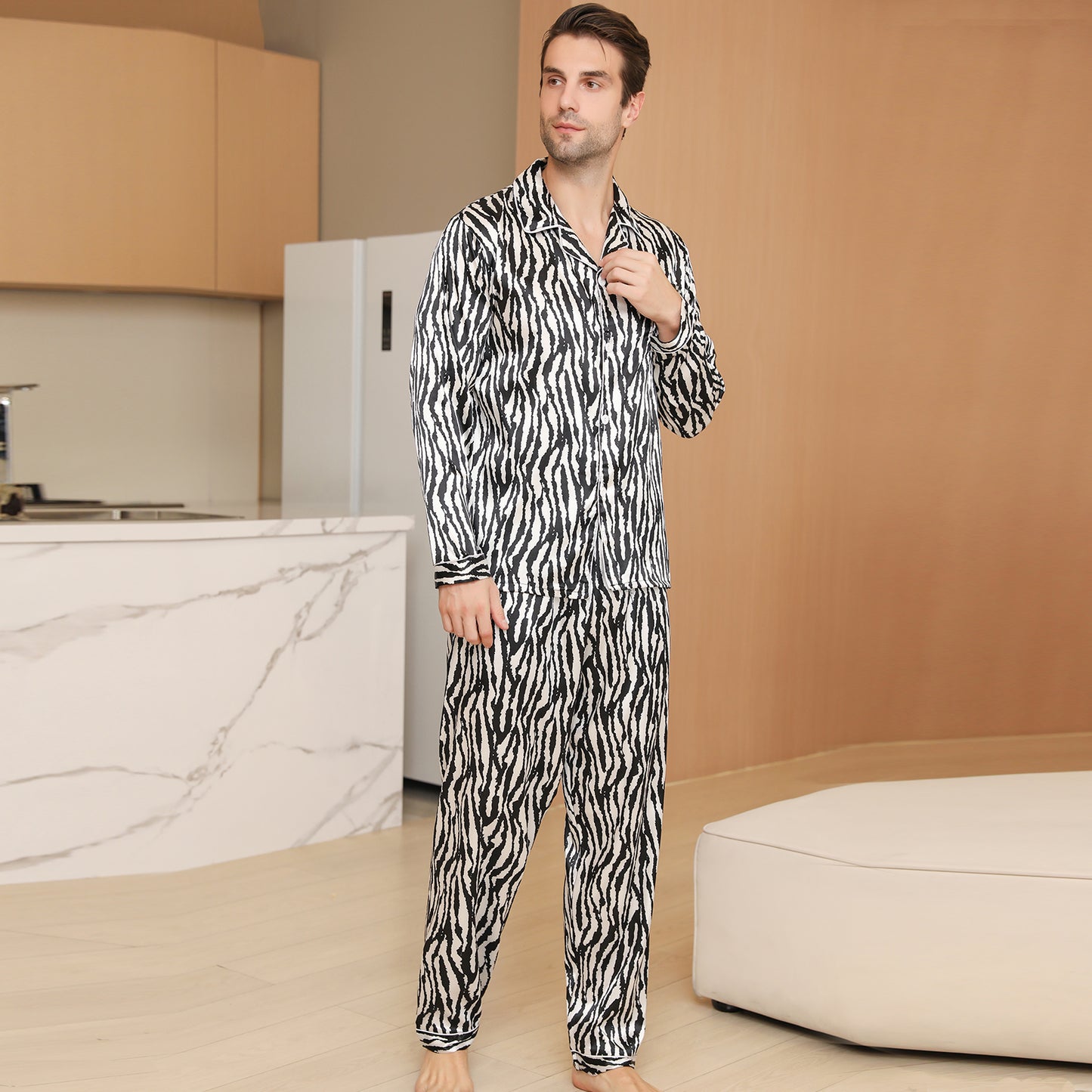 Men Satin Pajamas Set Long Sleeve & Long Pants Sleepwear with Pockets-KJ2033-M