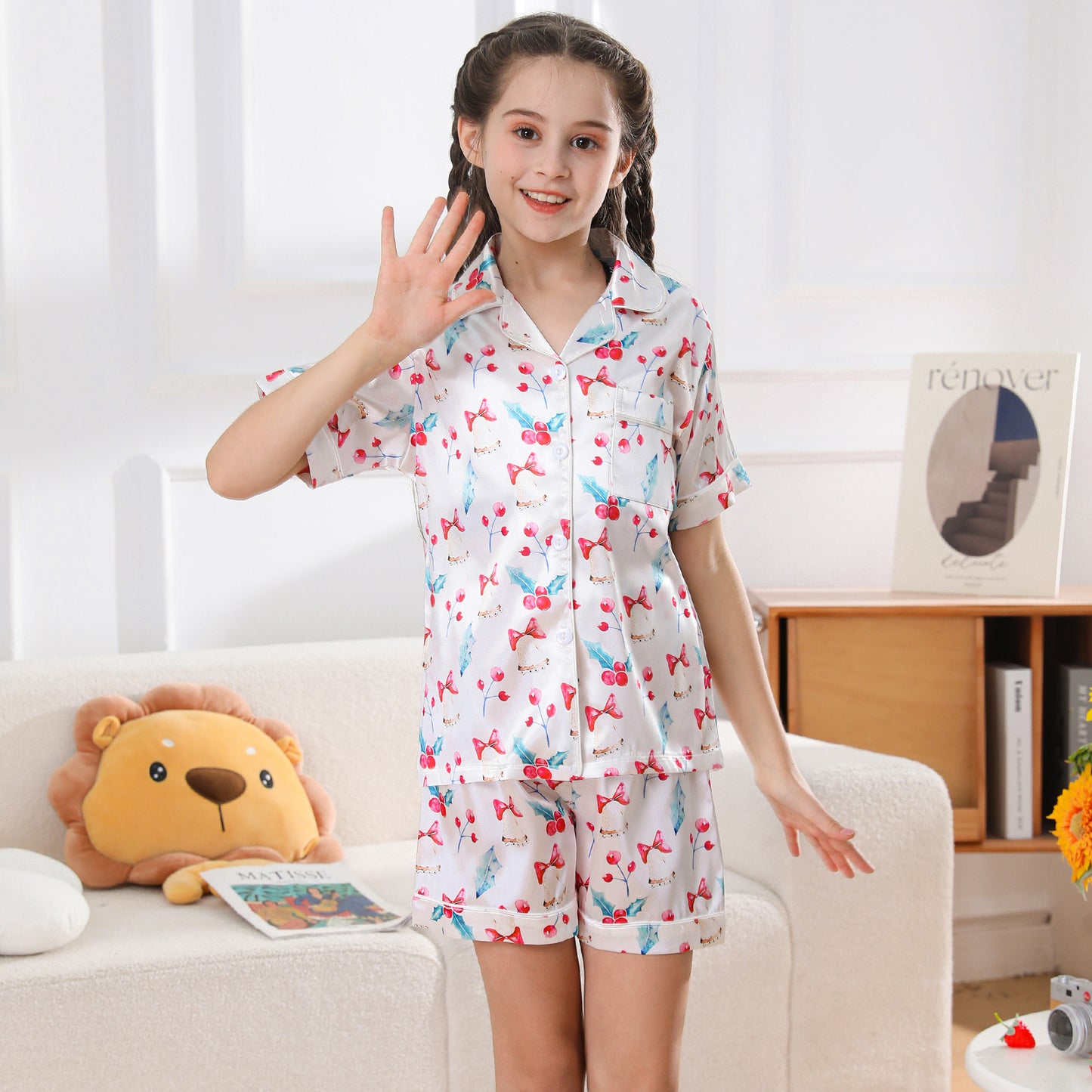 Girl's  Satin Pajama Set Short Top Classic Sleepwear with Short pants-KJ435T-130