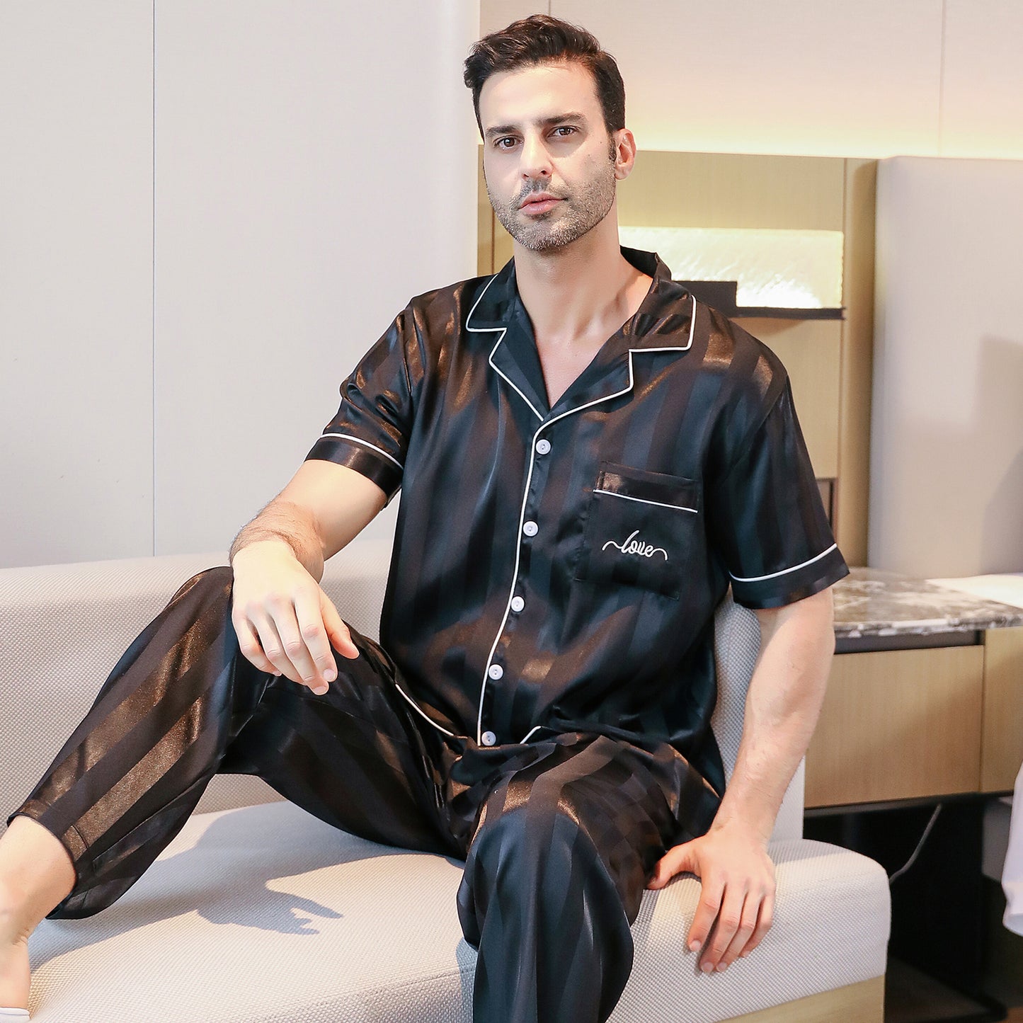 Mens Silky Pajamas Set Short Sleeve Top and Long pants Nightwear-KJ5004-M