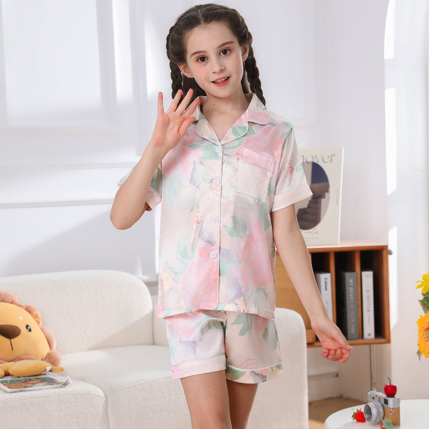 Girl's  Satin Pajama Set Short Top Classic Sleepwear with Short pants-KJ408T-130