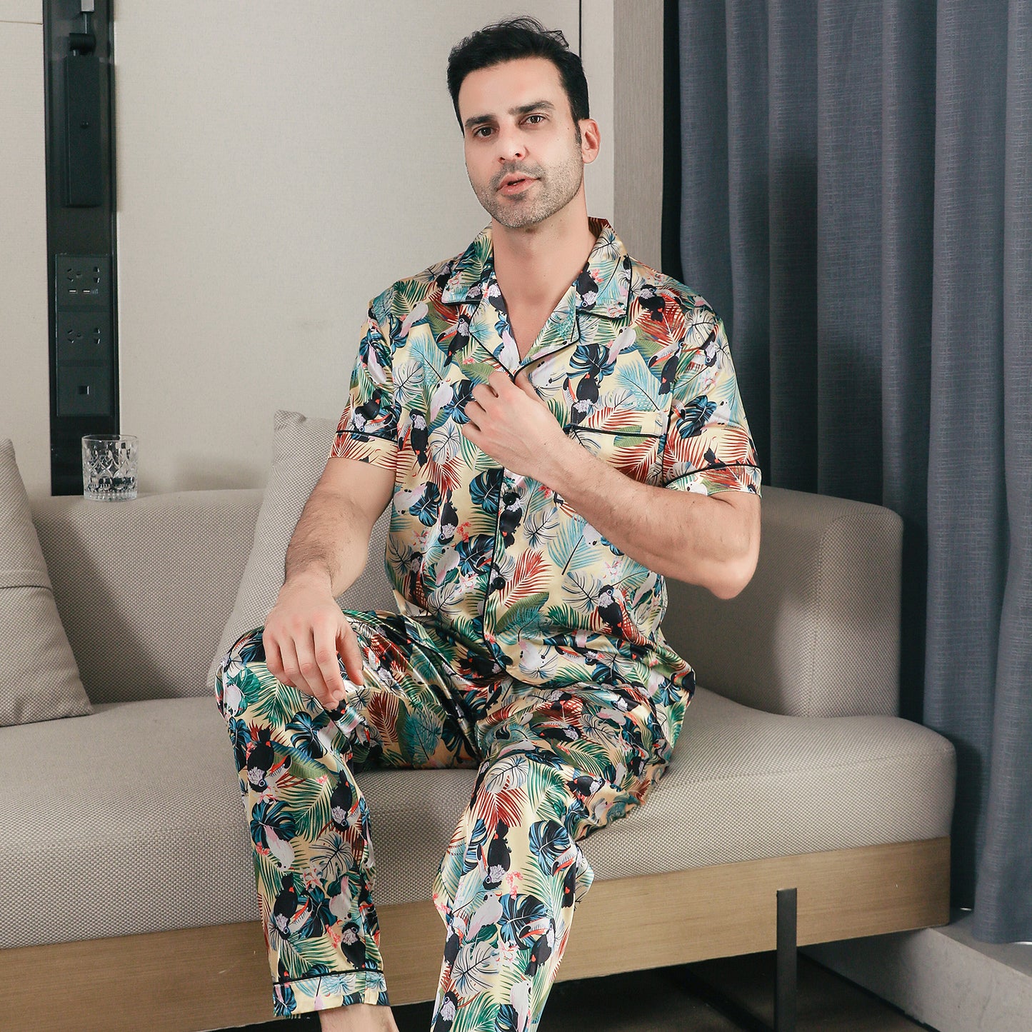 Men Satin Pajamas Set 3 Pieces multicolor Sleepwear with Pockets-KJ6040-M