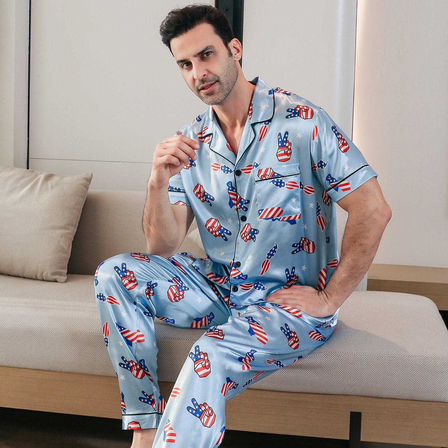 Men's Classic Silk Pajama Set Short Top & Long Pants Button Loungewear-KJ5049-M