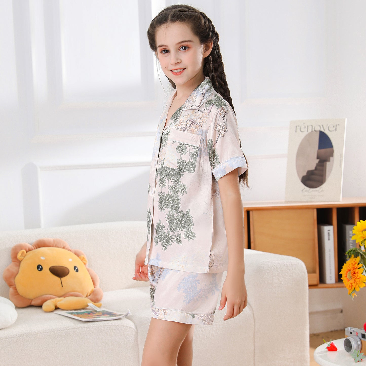 Girl's  Satin Pajama Set Short Top Classic Sleepwear with Short pants-KJ437T-130