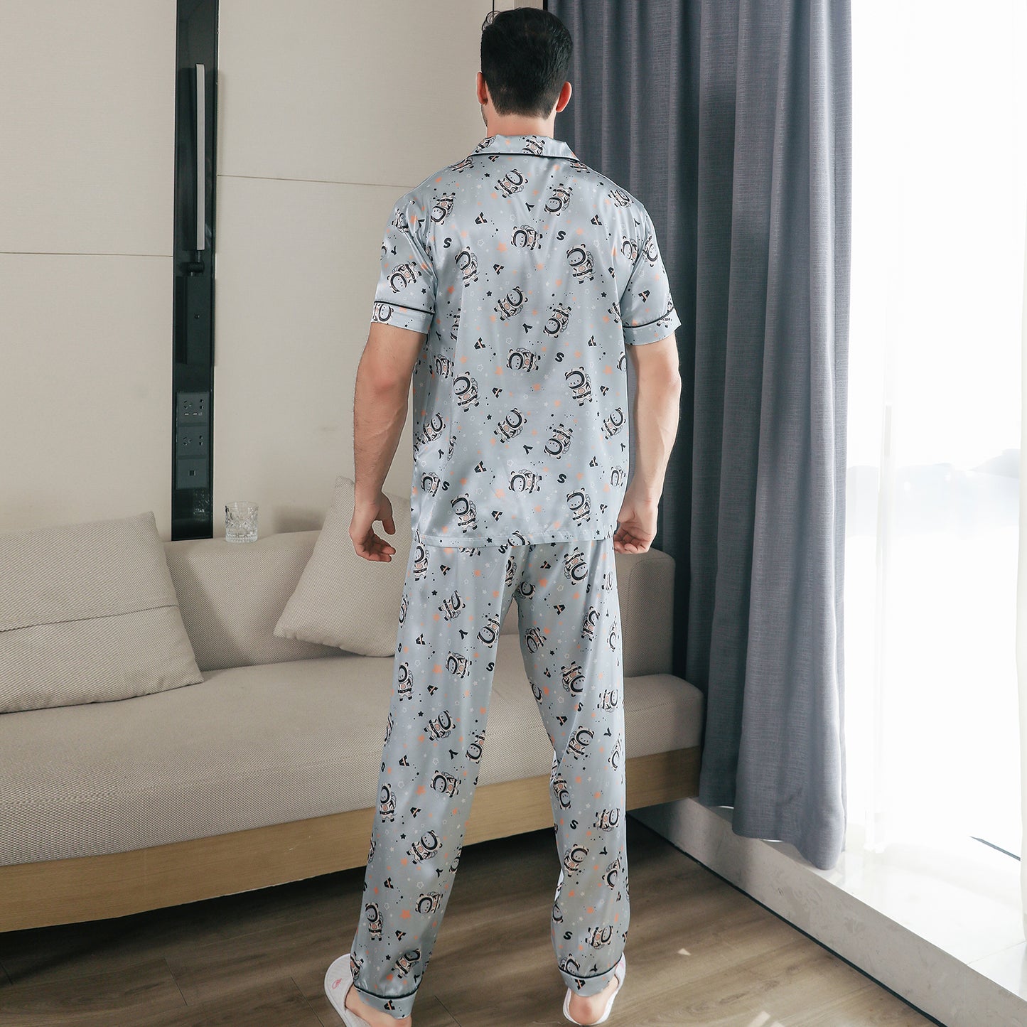 Men Satin Pajamas Set 3 Pieces multicolor Sleepwear with Pockets-KJ6032-M