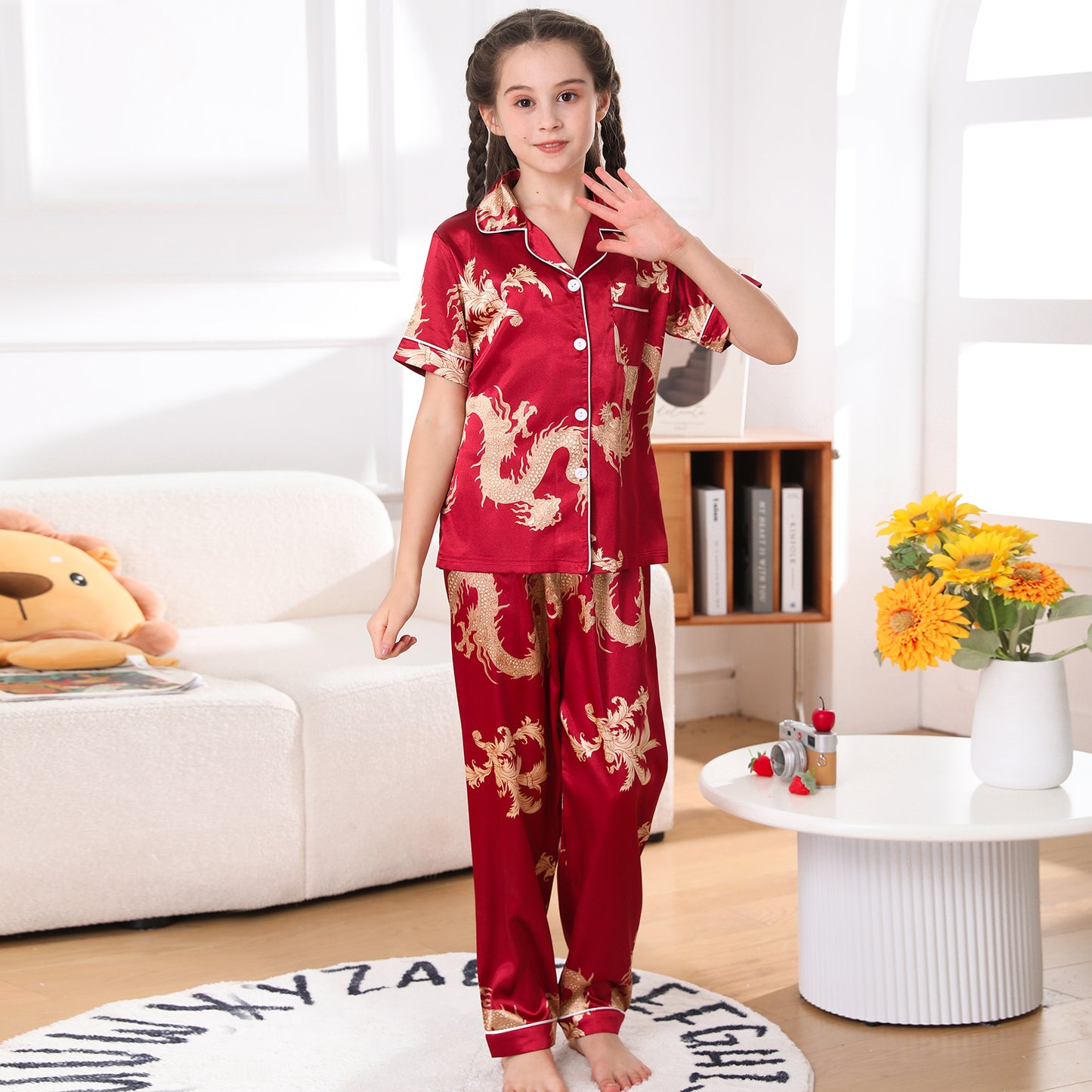 Girl's  Satin Pajama Set Short Top Classic Sleepwear with long pants-KJ510T-130