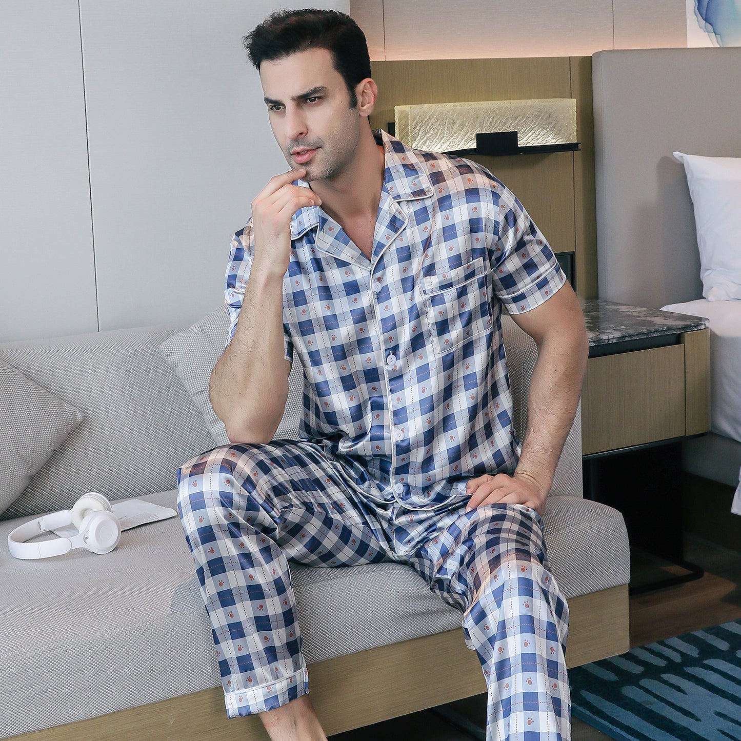 Mens Silky Pajamas Set Short Sleeve Top and Long pants Nightwear-KJ5007-M