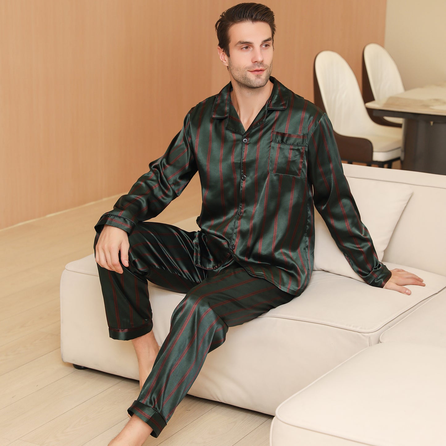 Men Satin Pajamas Set Long Sleeve & Long Pants Sleepwear with Pockets-KJ2037-M