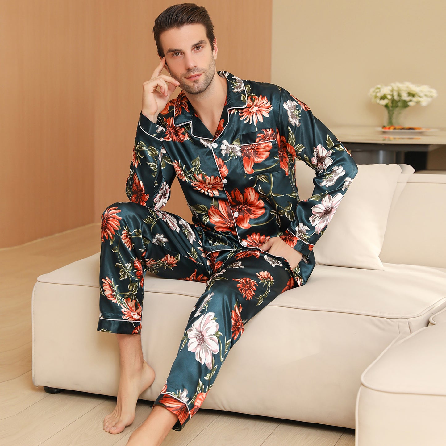 Men Satin Pajamas Set Long Sleeve & Long Pants Sleepwear with Pockets-KJ2032-M