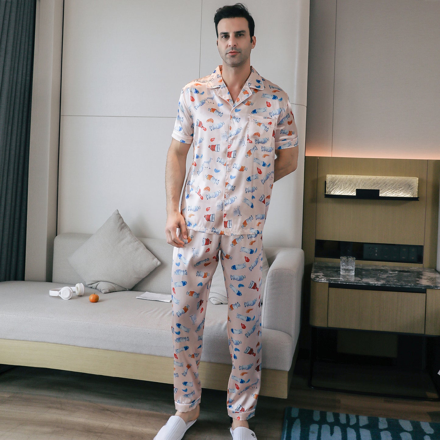 Men's Satin Pajama Set 3 Pieces Classic Sleepwear-KJ6013-M