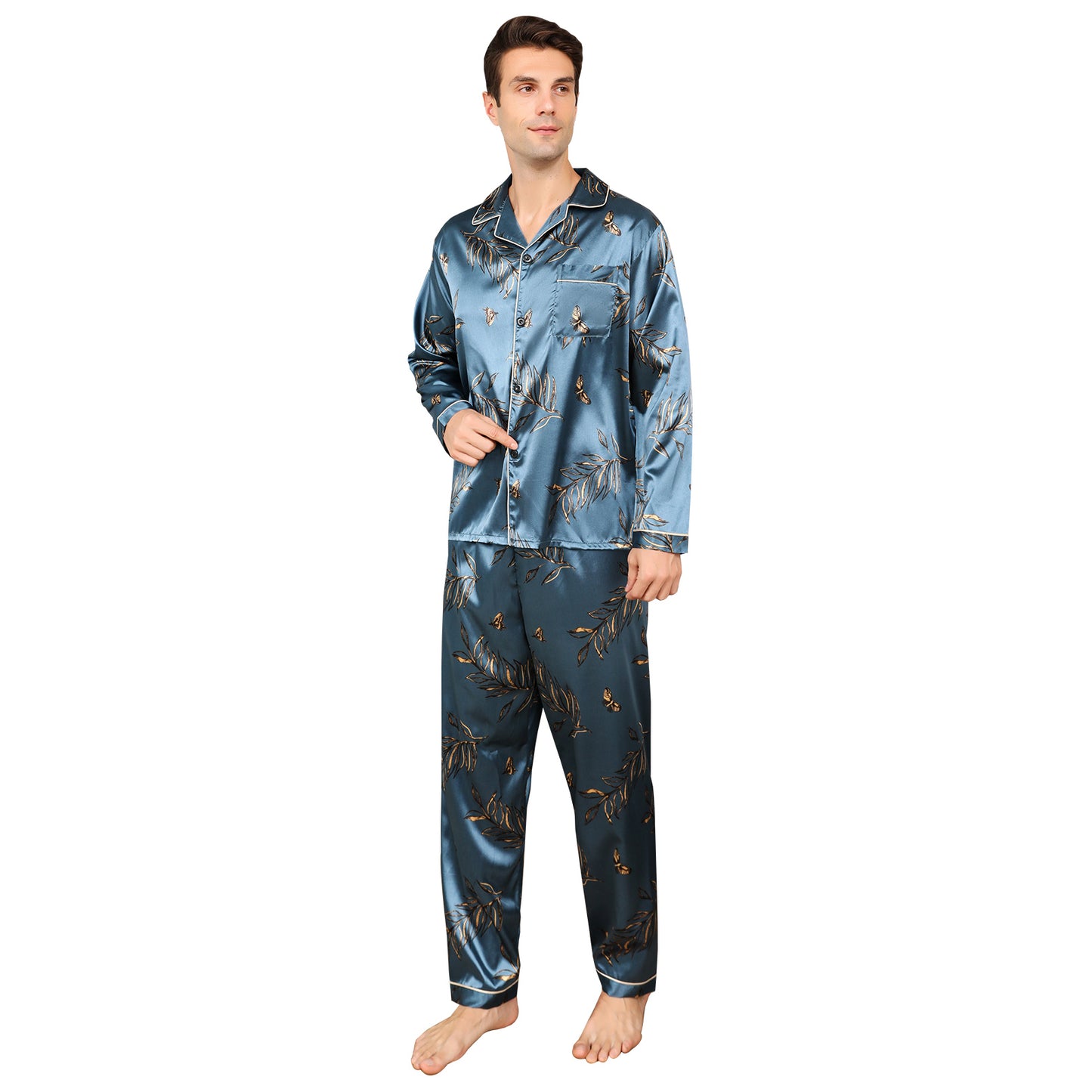 Men's Silky Satin Pajama Set Long Top Classic Sleepwear with Long Pants-KJ2014-M