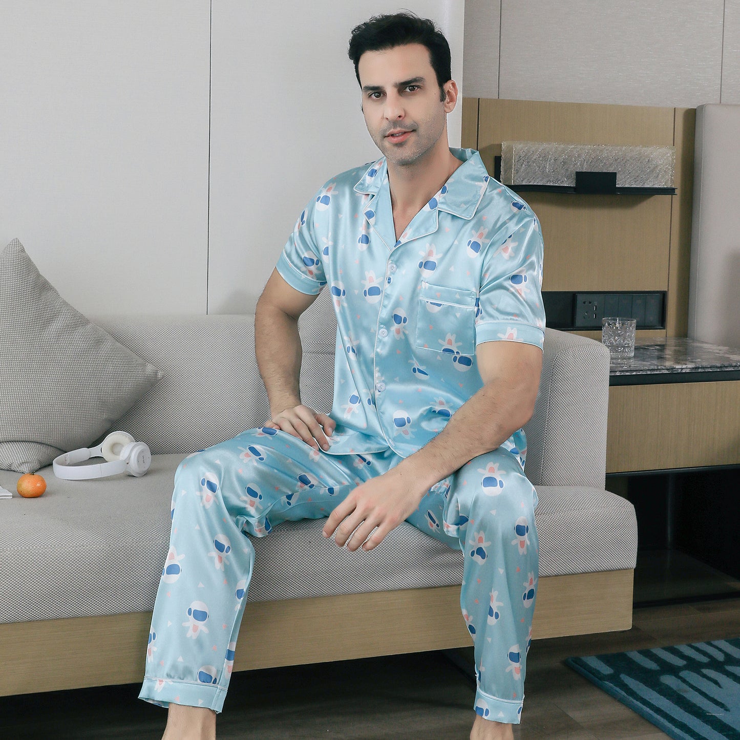 Mens Pajama Set Short Sleeve Sleepwear Silky Loungewear with Long Pants-KJ5026-M