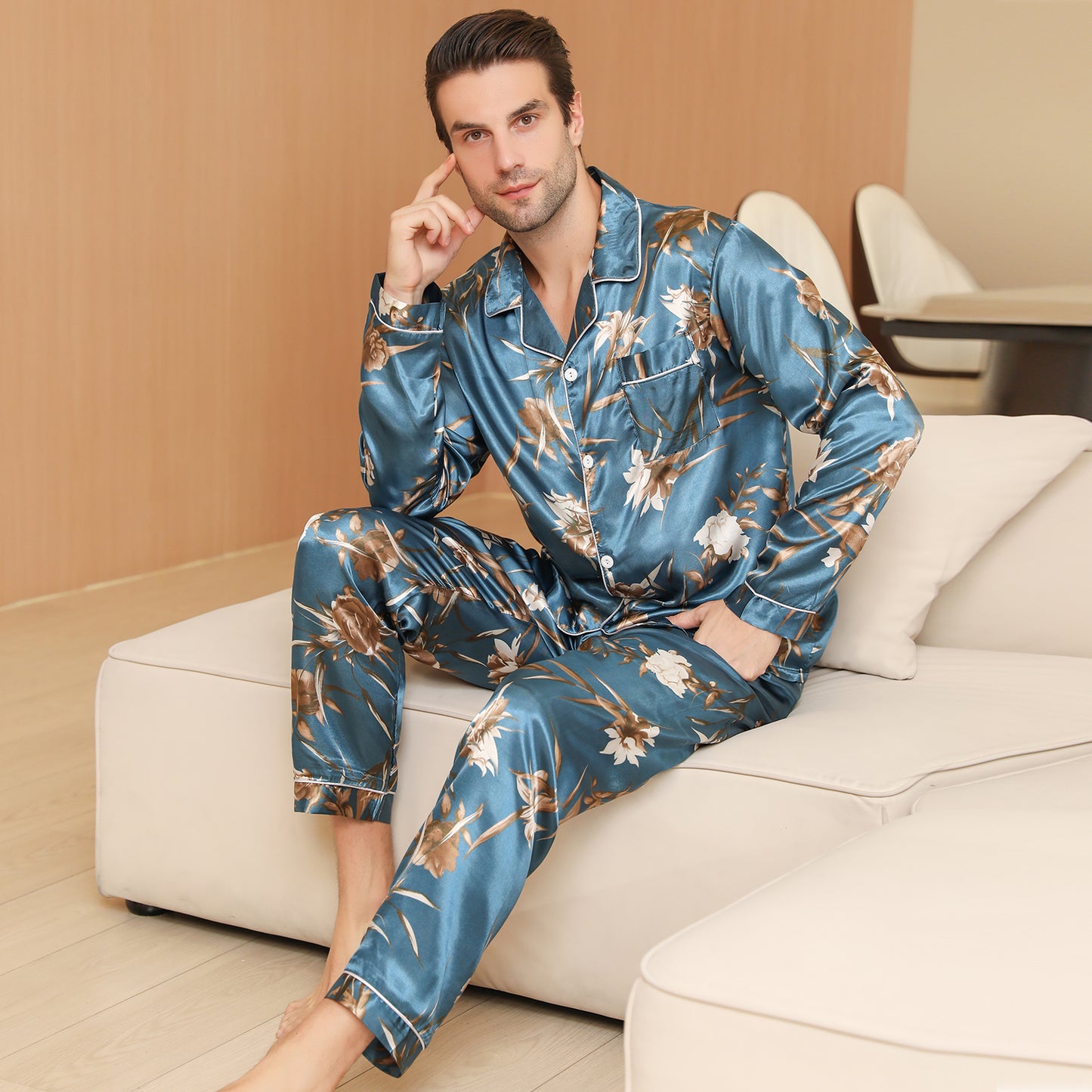 Men Satin Pajamas Set Long Sleeve & Long Pants Sleepwear with Pockets-KJ2034-M