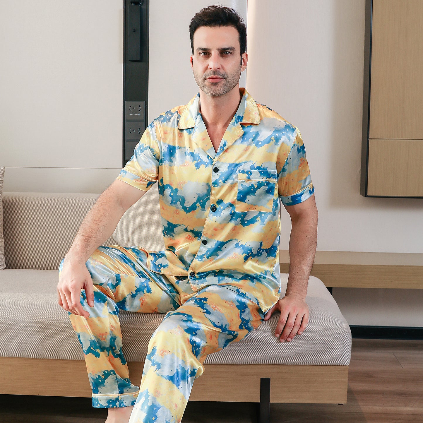 Men's Classic Silk Pajama Set Short Top & Long Pants Button Loungewear-KJ5047-M