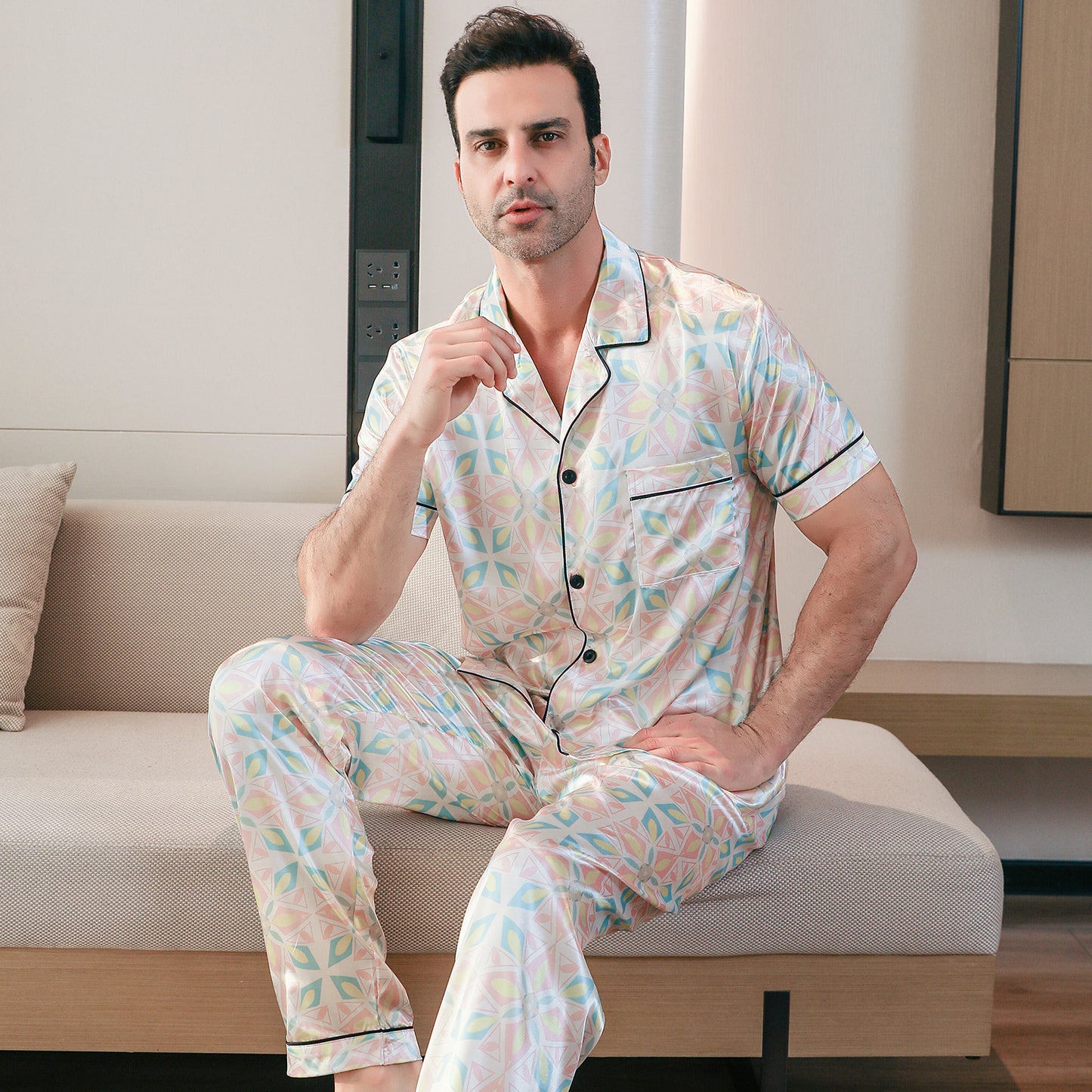 Men's Classic Silk Pajama Set Short Top & Long Pants Button Loungewear-KJ5050-M