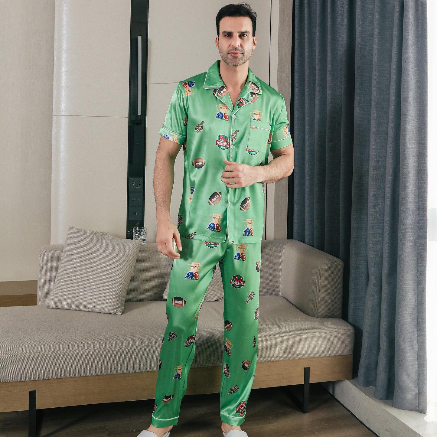 Men Satin Pajamas Set Short Sleeve & Long Pants Sleepwear with Pockets-KJ5042-M