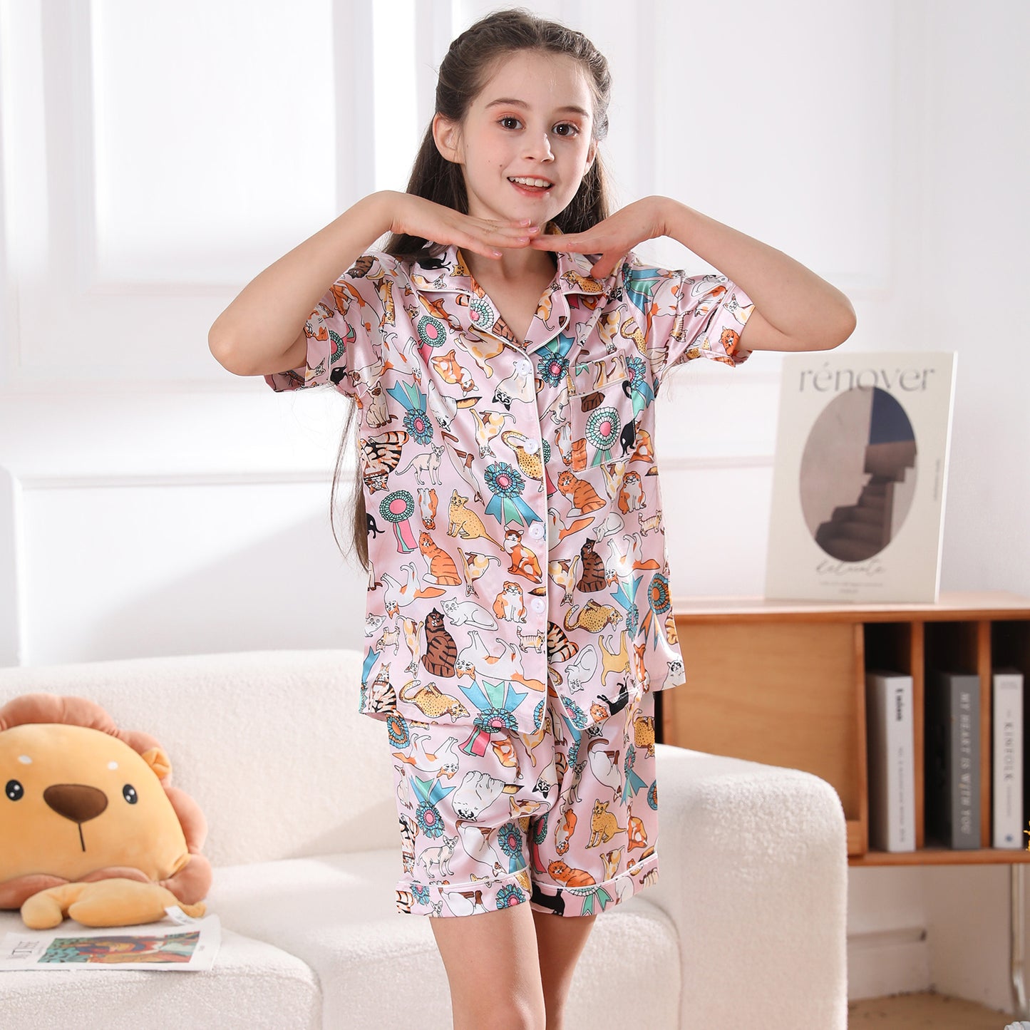 Girl's  Silk Pajama Set Short Top & Short pants  Loungewear-KJ413T-130