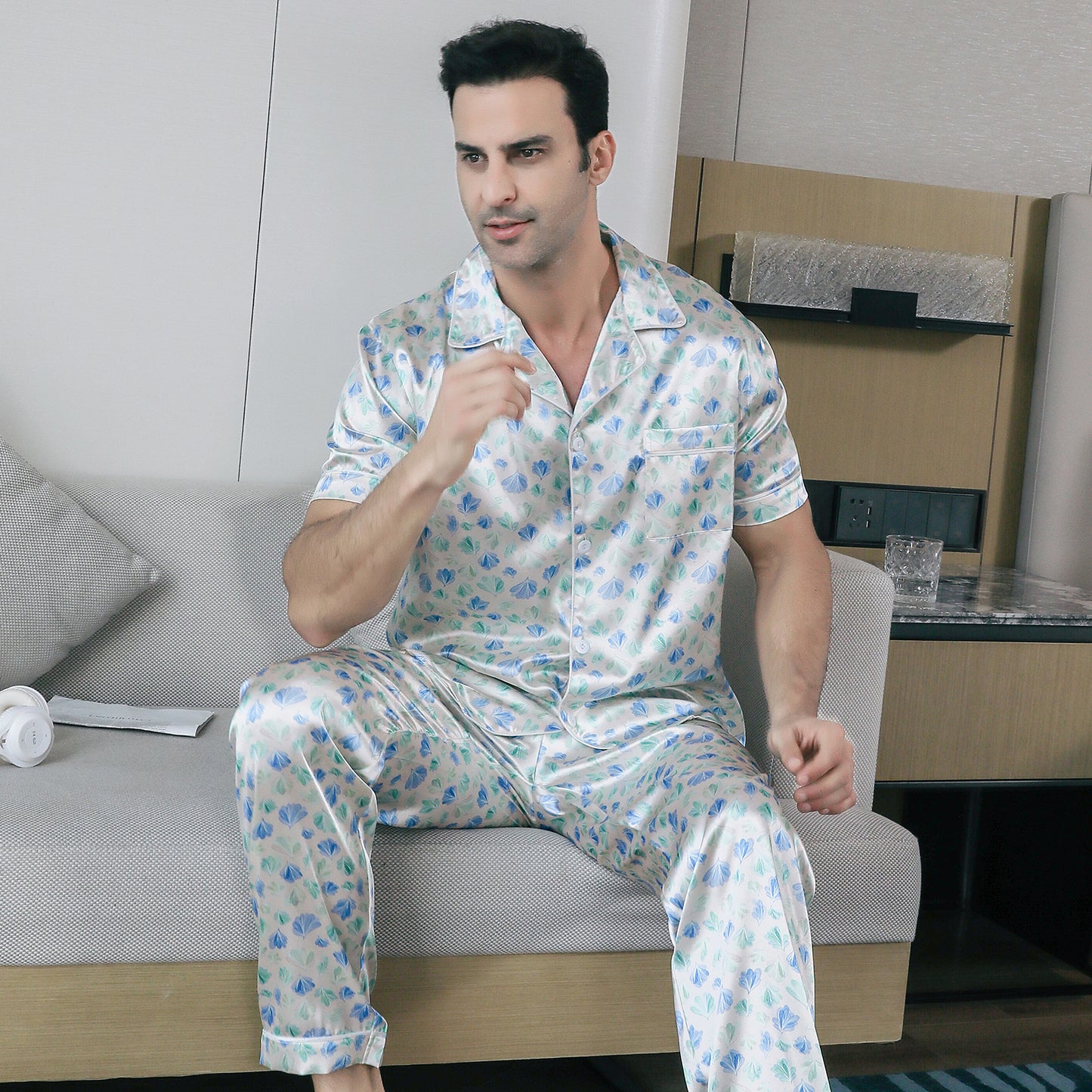 Men's Silky Satin Pajama Set Short Top Classic Sleepwear with Long Pants-KJ5017-M