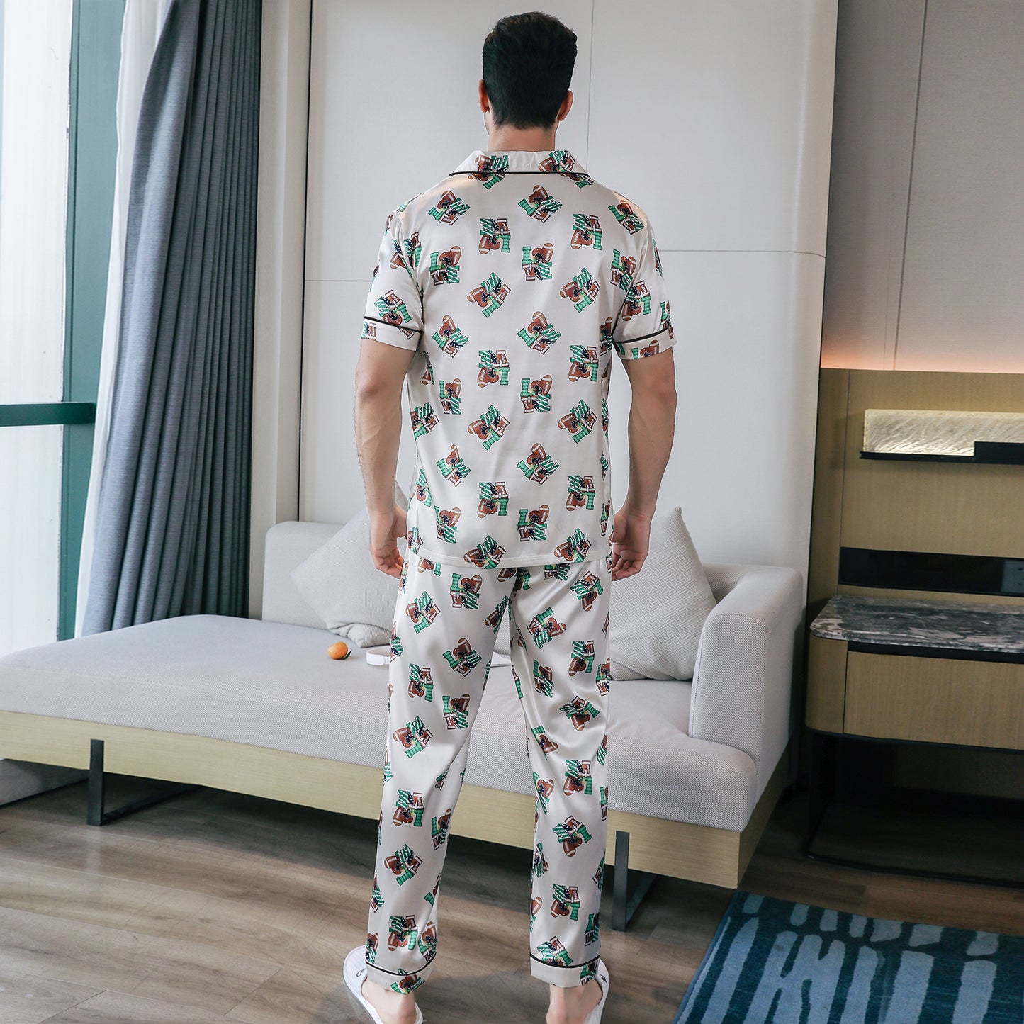 Mens Silky Pajamas Set Short Sleeve Top and Long pants Nightwear-KJ5008-M