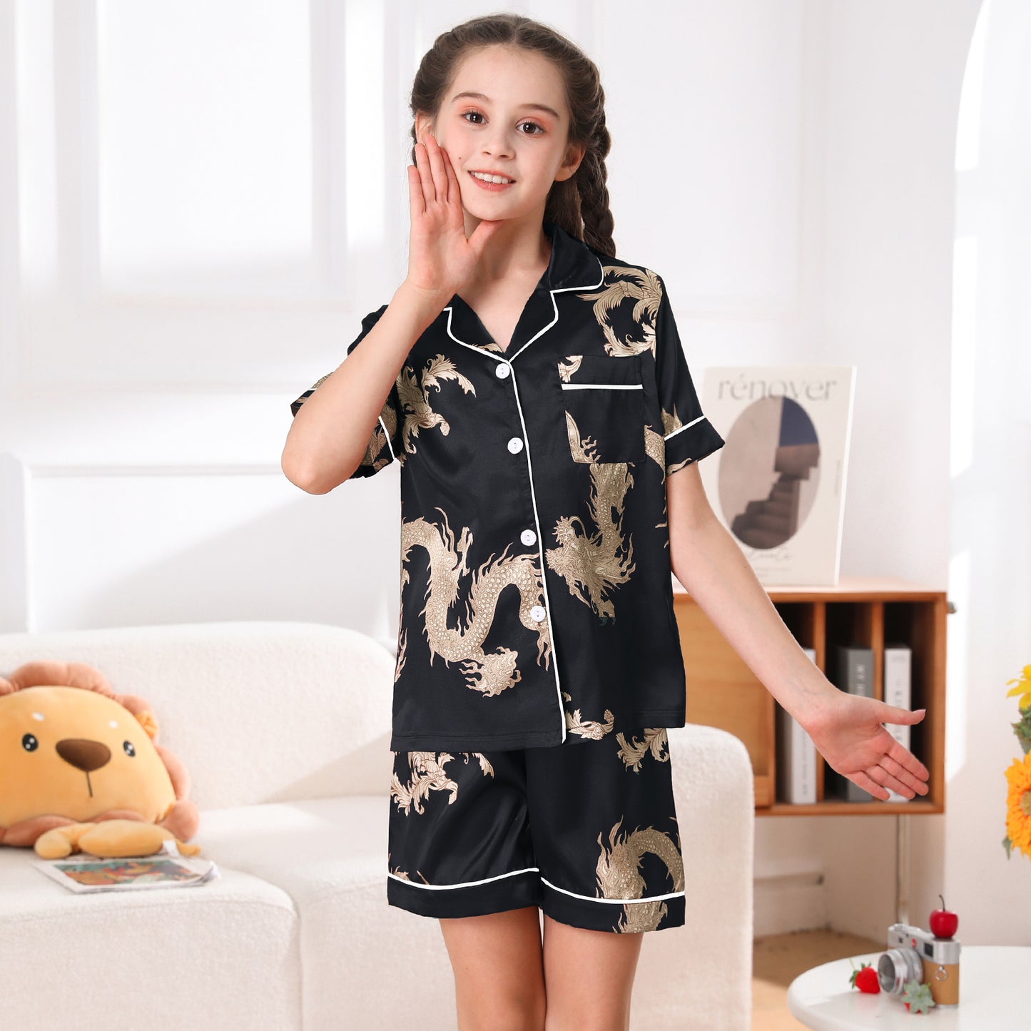 children's Satin Pajamas Set Short Sleeve & Short pants Sleepwear with Pockets-KJ411T-130