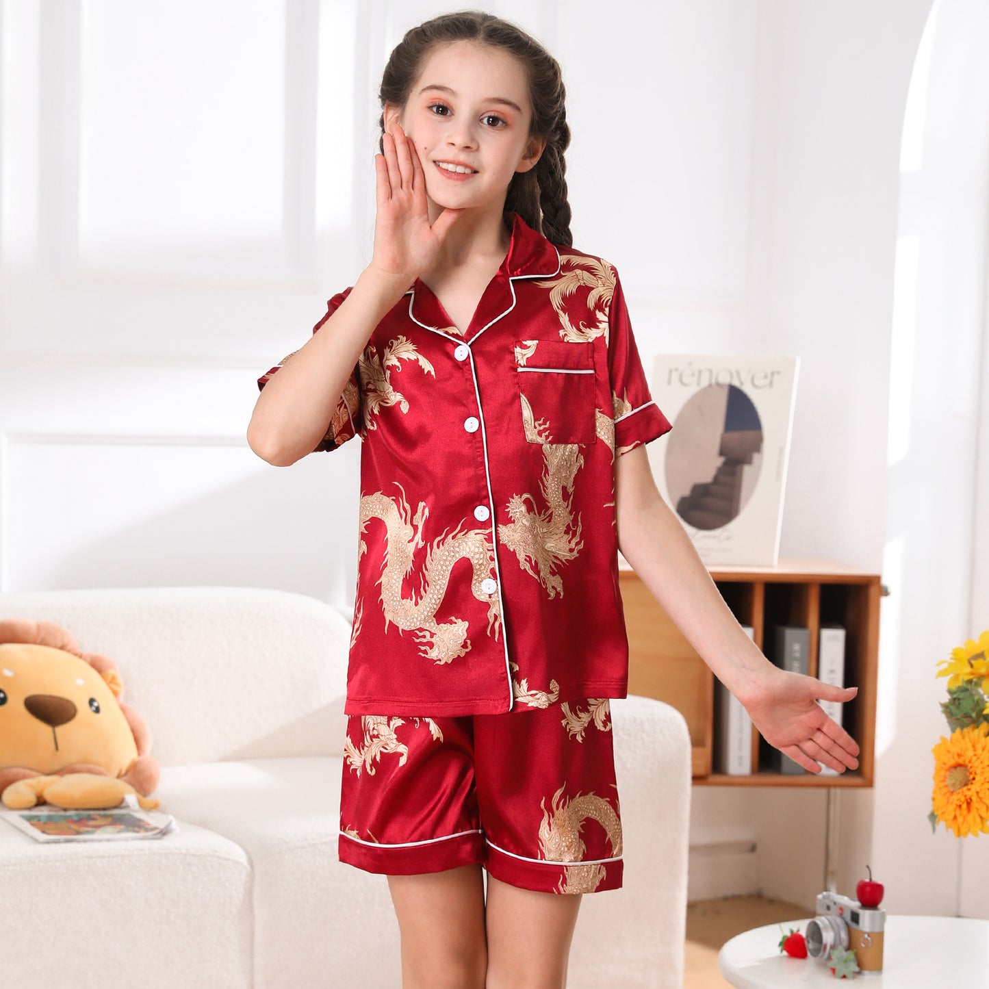 Girl's  Satin Pajama Set Short Top Classic Sleepwear with Short pants-KJ410T-130