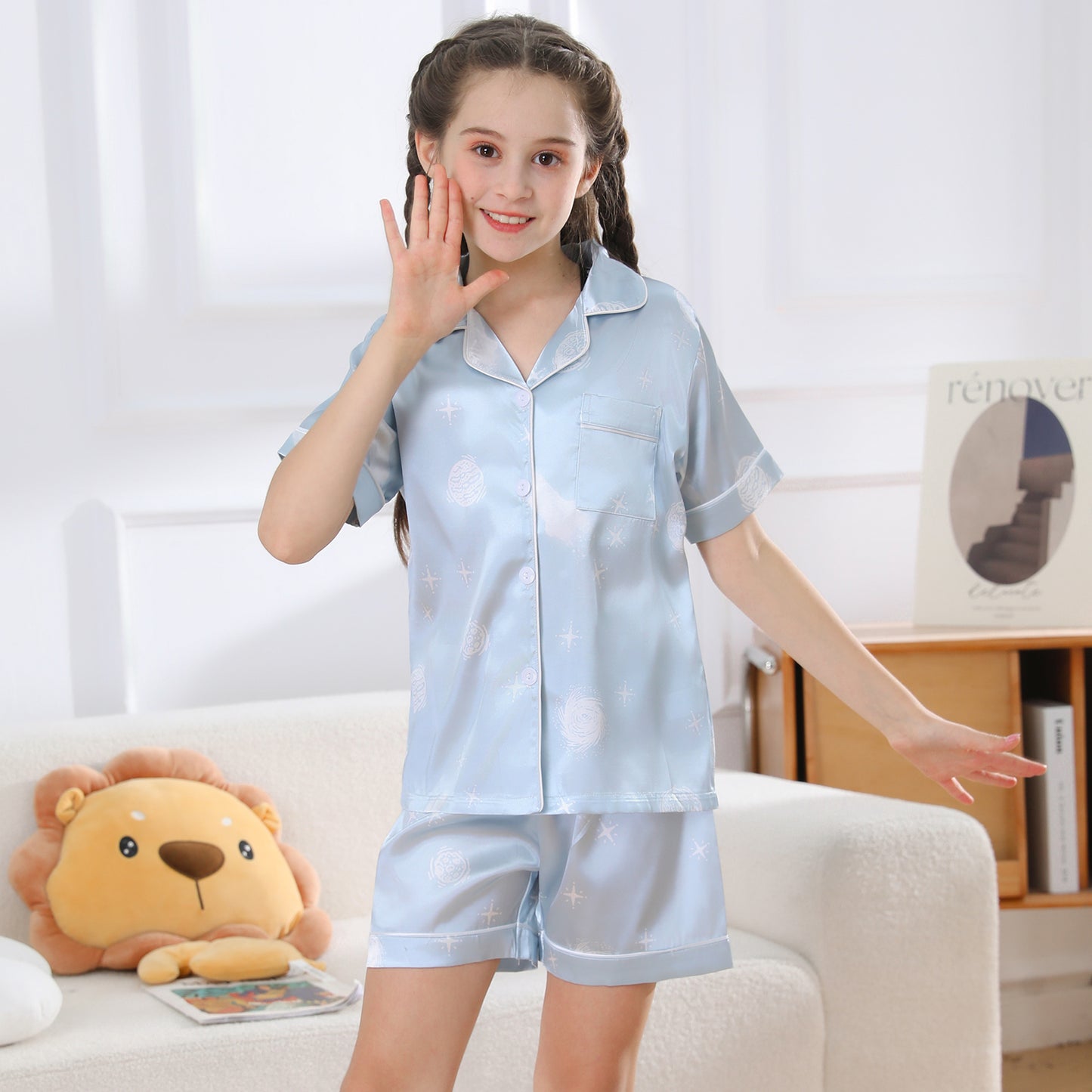 Girl's  Silk Pajama Set Short Top & Short pants  Loungewear-KJ428T-130