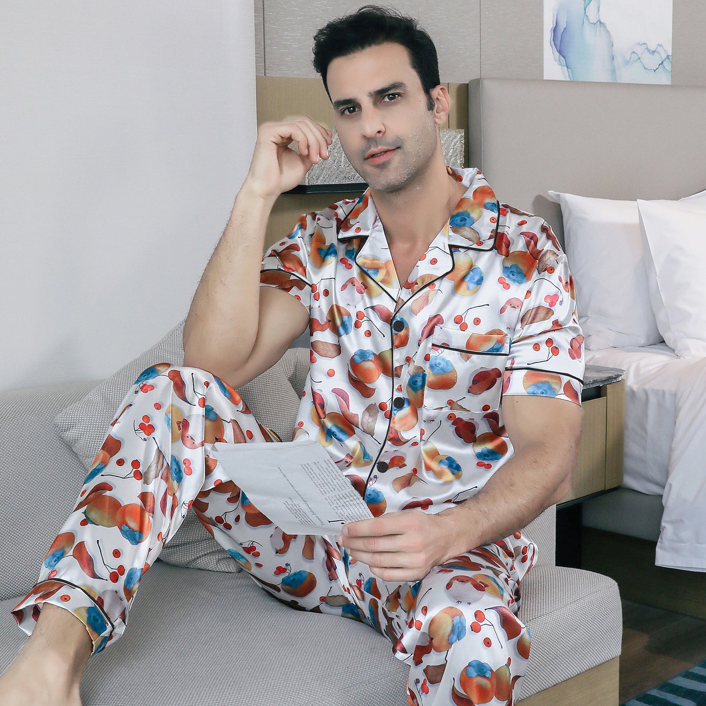 Men's Silky Satin Pajama Set Short Top Classic Sleepwear with Long Pants-KJ5018-M