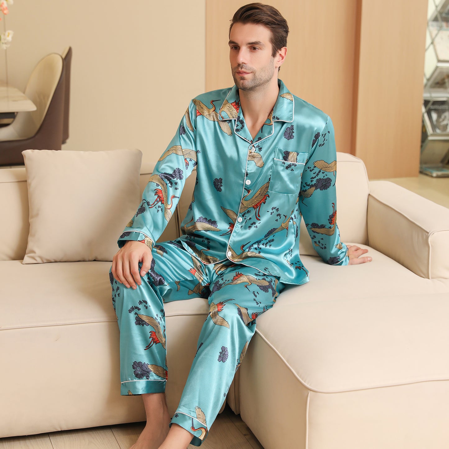 Men Satin Pajamas Set Long Sleeve & Long Pants Sleepwear with Pockets-KJ2035-M