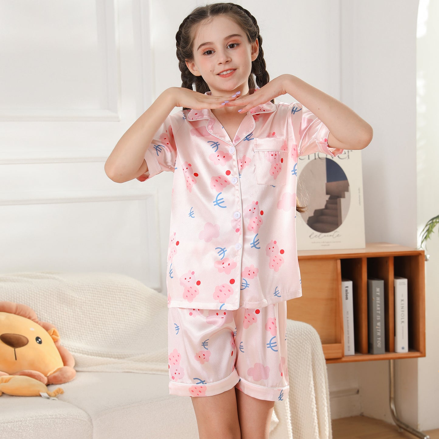 children's Satin Pajamas Set Short Sleeve & Short pants Sleepwear with Pockets-KJ442T-130