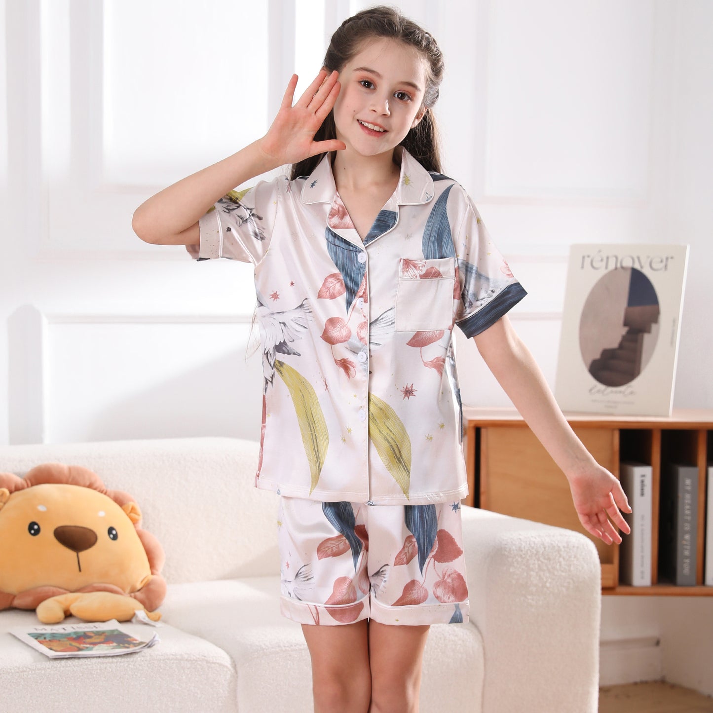 Girl's  Silk Pajama Set Short Top & Short pants  Loungewear-KJ415T-130