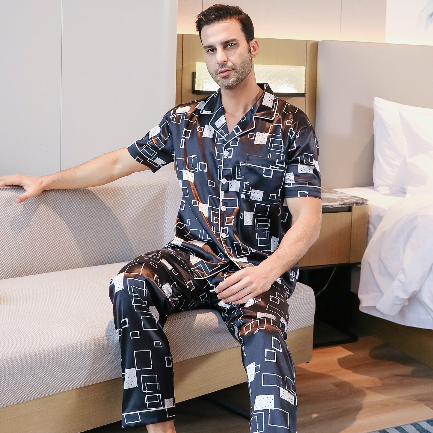 Mens Silky Pajamas Set 3 Pieces Nightwear-KJ6003-M