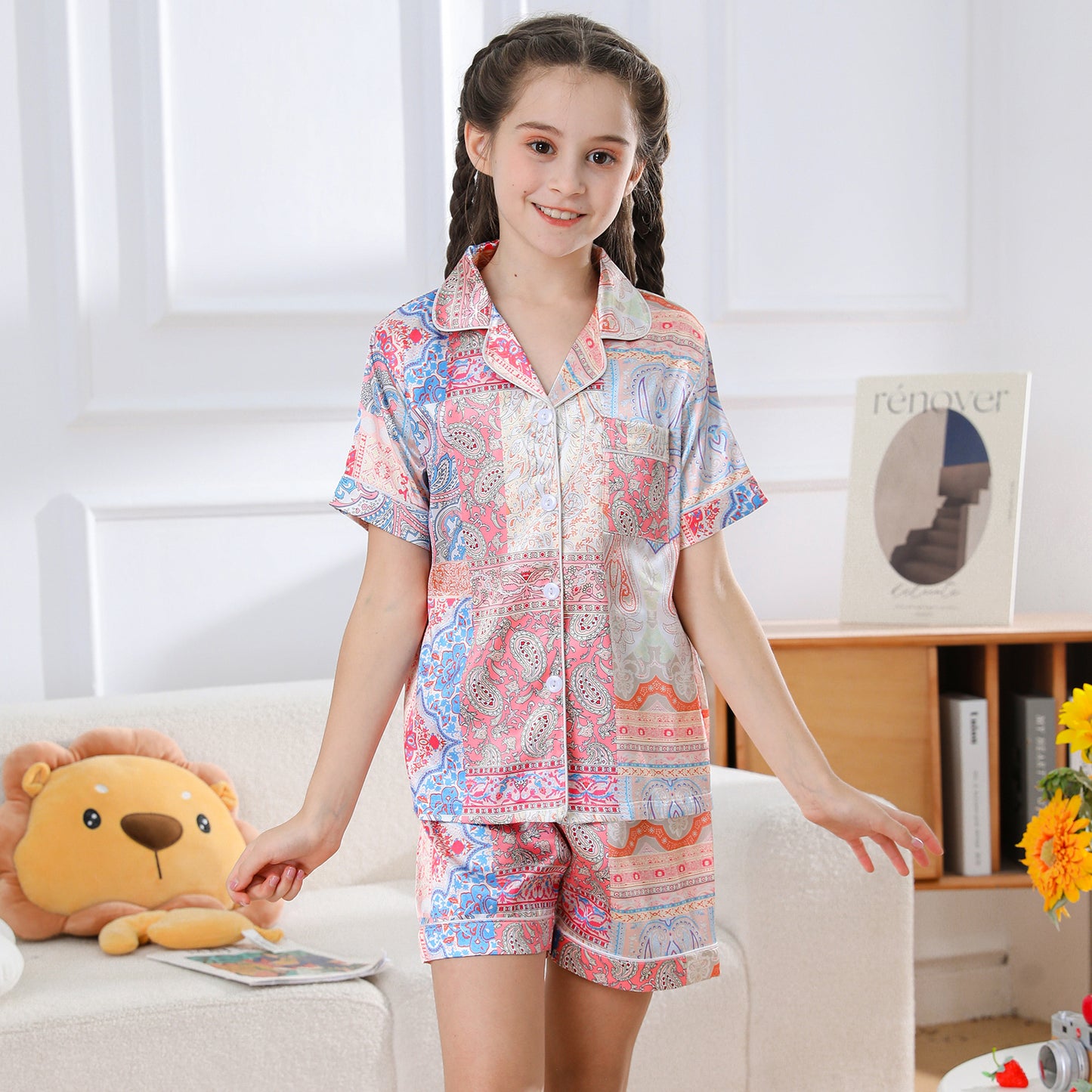 children's Satin Pajamas Set Short Sleeve & Short pants Sleepwear with Pockets-KJ427T-130