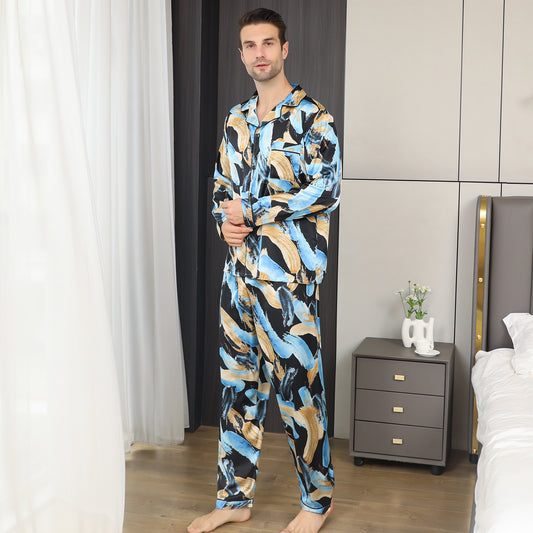 Men's Silky Satin Pajamas Set Long Sleeve Top and Long pants Nightwear Button-Down Pj Sets Sleepwear