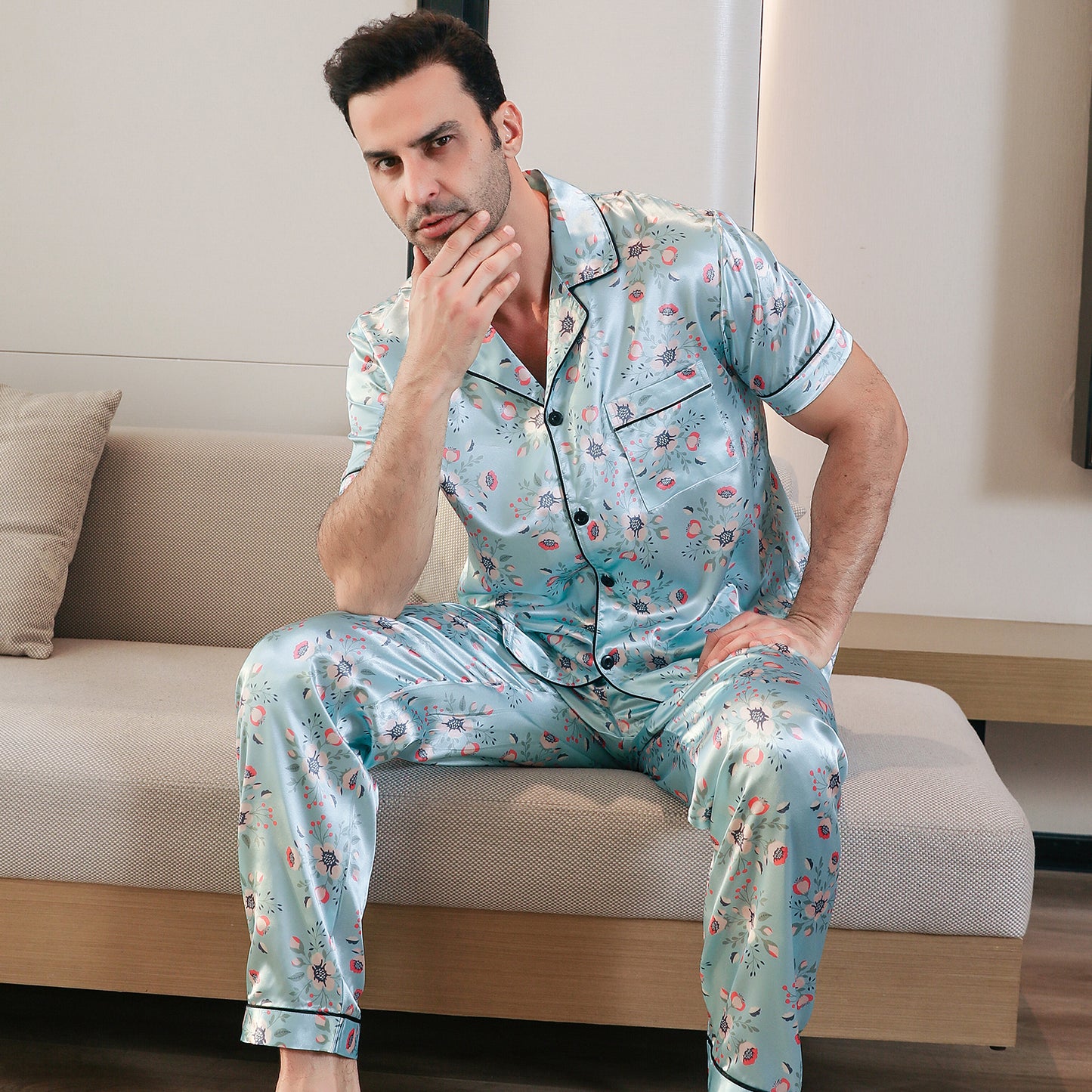 Men's Silk Pajama Set 3 Pieces Loungewear-KJ6049-M