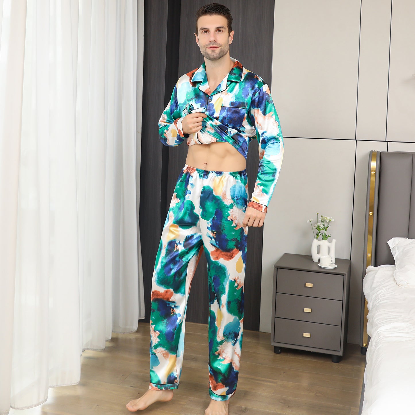 Mens Pajama Set Long Sleeve Sleepwear Silky Loungewear with Long Pants-KJ2026-M