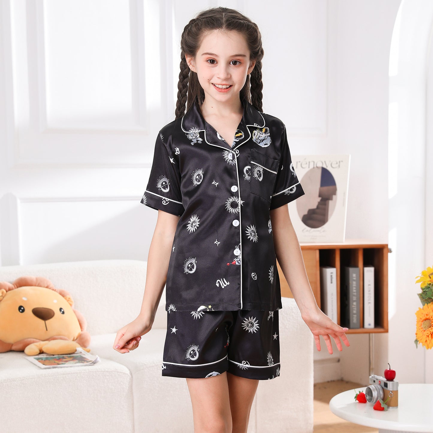 girls Silky Pajamas Set Short Top & Short pants -KJ419T-130