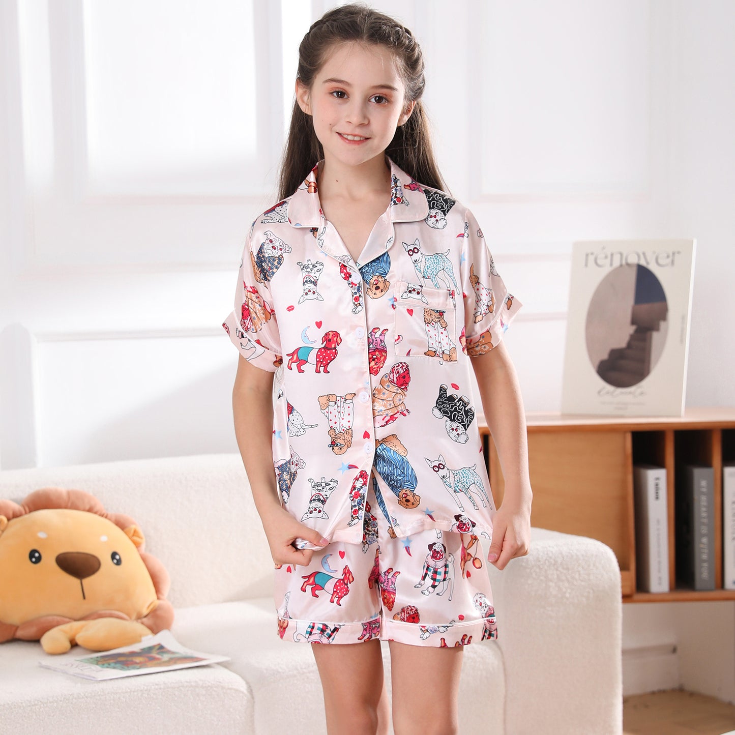 Girl's  Silk Pajama Set Short Top & Short pants  Loungewear-KJ414T-130