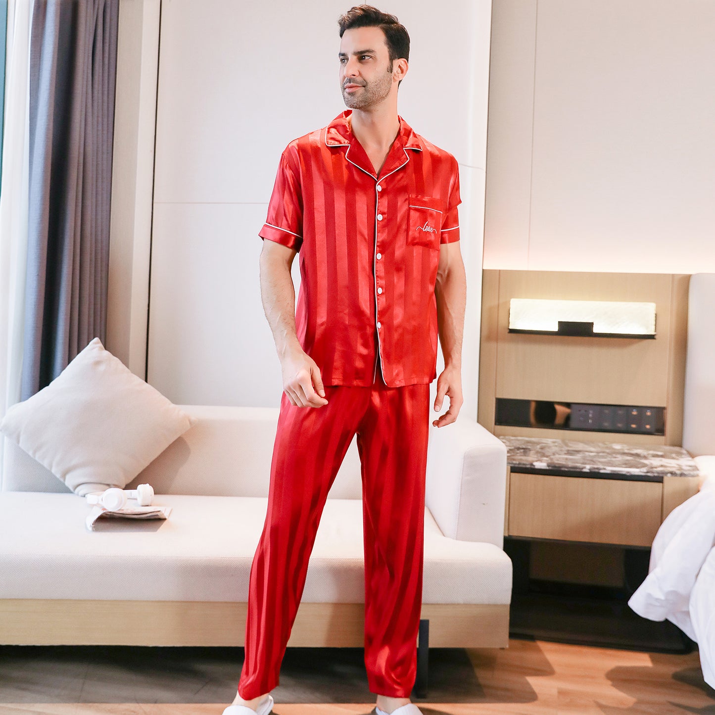 Mens Silky Pajamas Set Short Sleeve Top and Long pants Nightwear-KJ5005-M