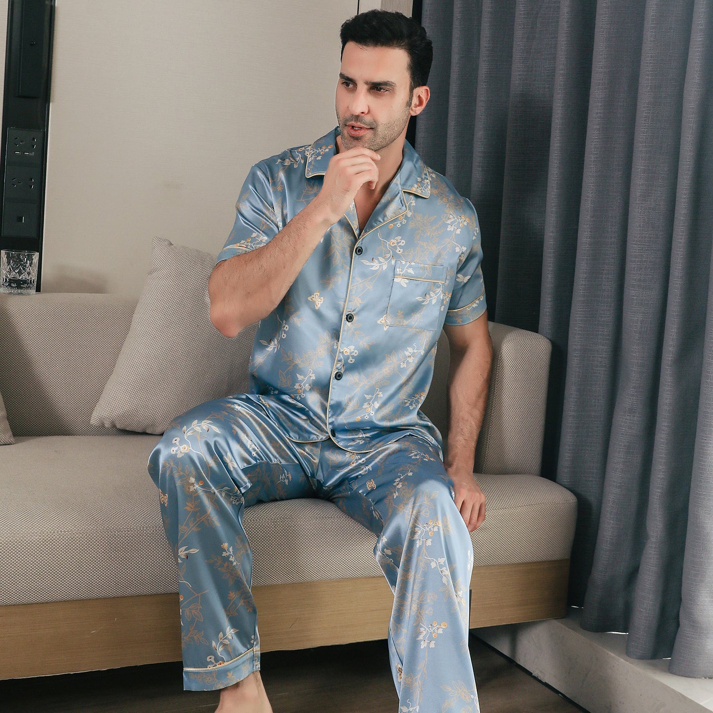 Men Satin Pajamas Set 3 Pieces multicolor Sleepwear with Pockets-KJ6039-M